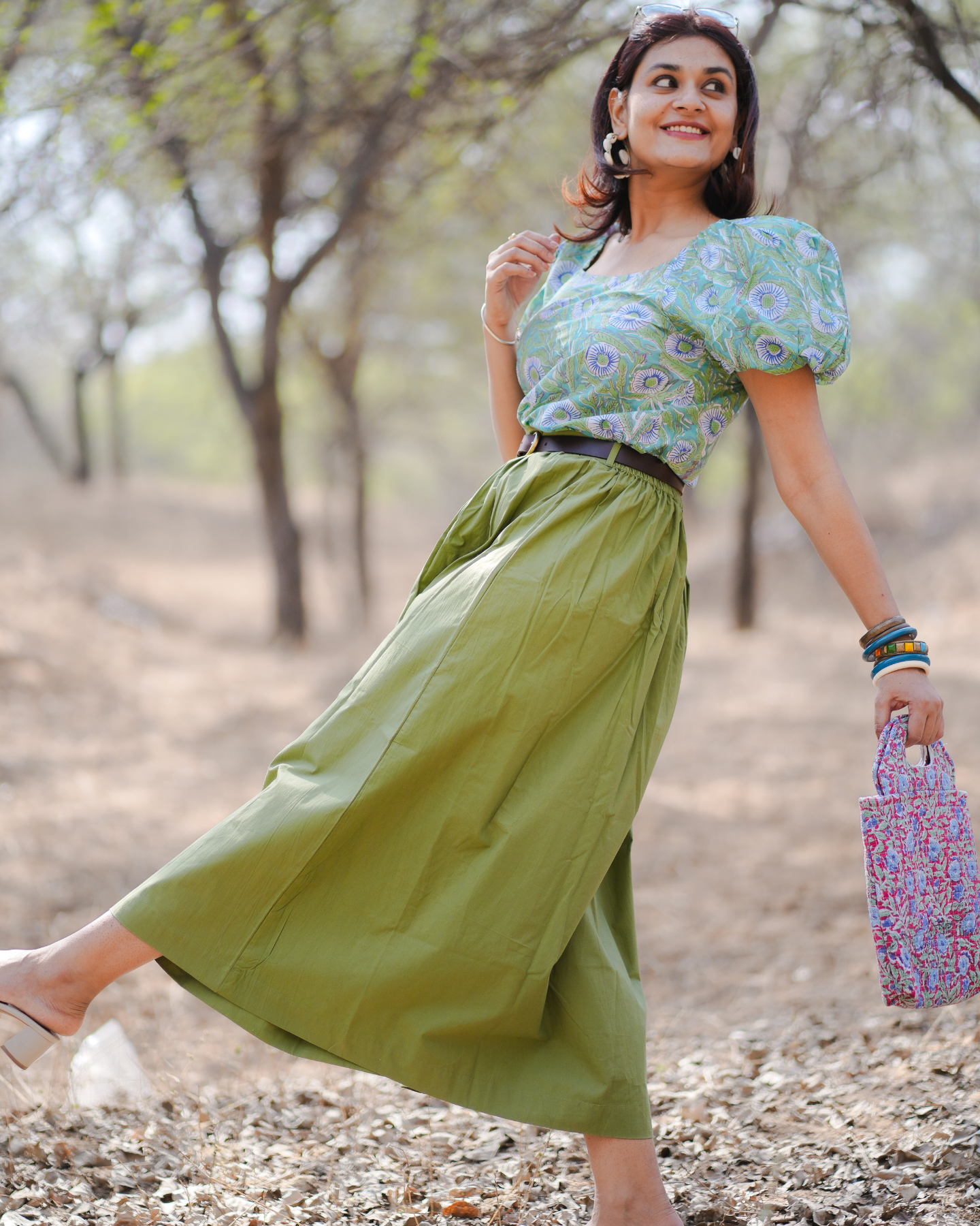 Marsilea Hand Block Printed Off Shoulder Puff Sleeves Top