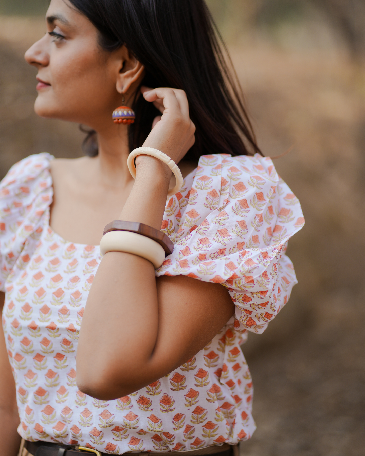 Plumeria Hand Block Printed Off Shoulder Puff Sleeves Top