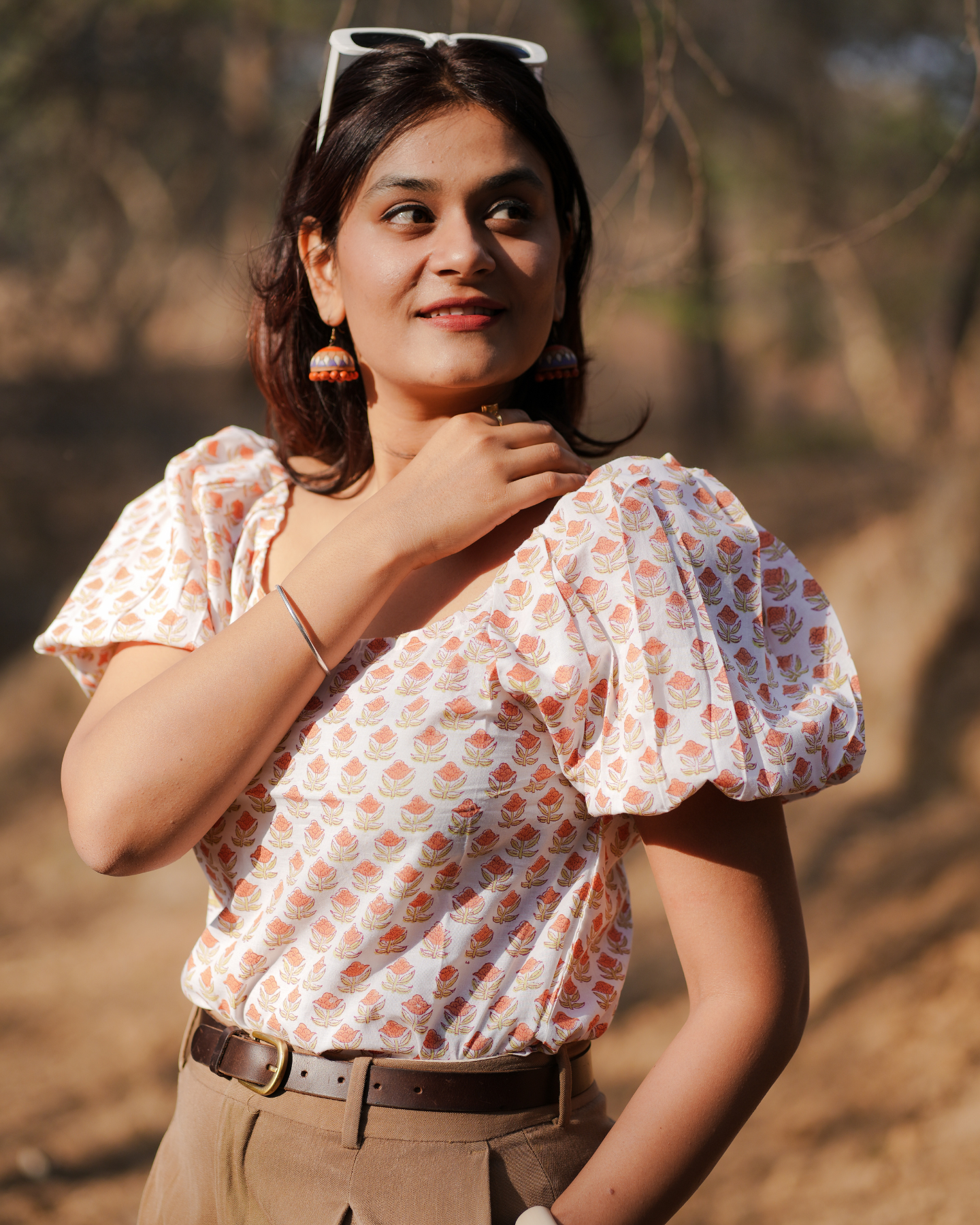 Plumeria Hand Block Printed Off Shoulder Puff Sleeves Top