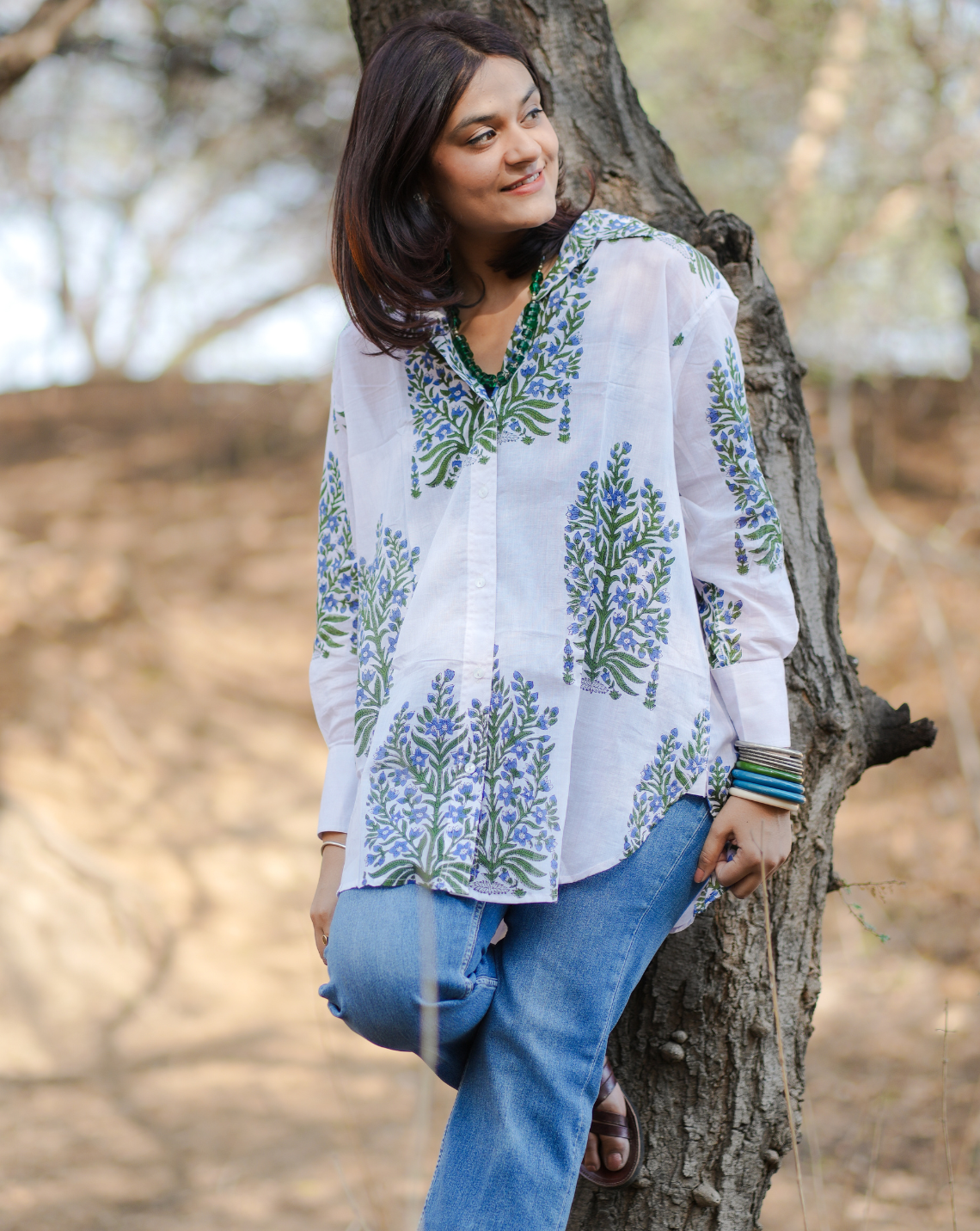 Morning Glory Hand Block Printed Oversize Shirt