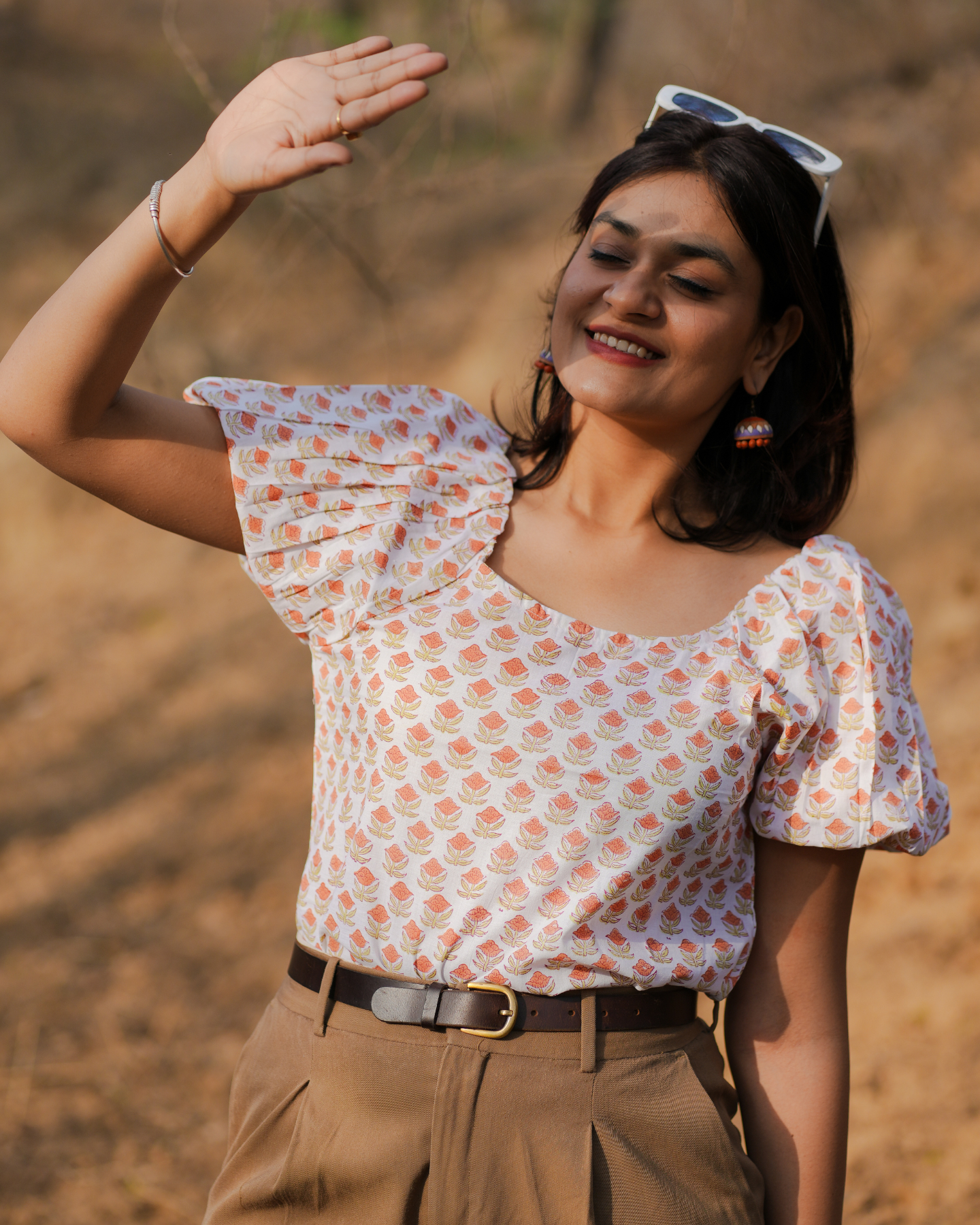 Plumeria Hand Block Printed Off Shoulder Puff Sleeves Top