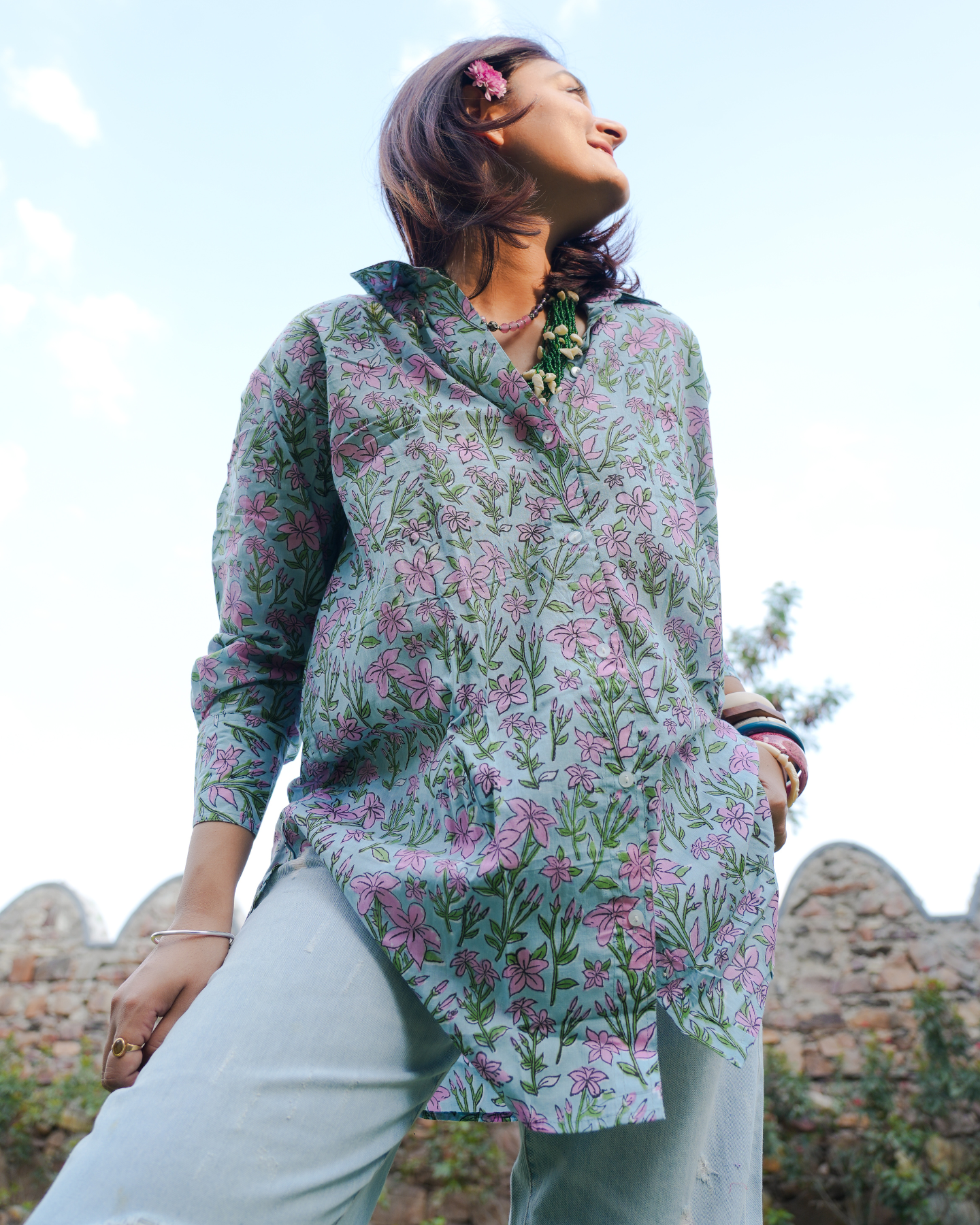 Azalea Hand Block Printed Oversize Shirt