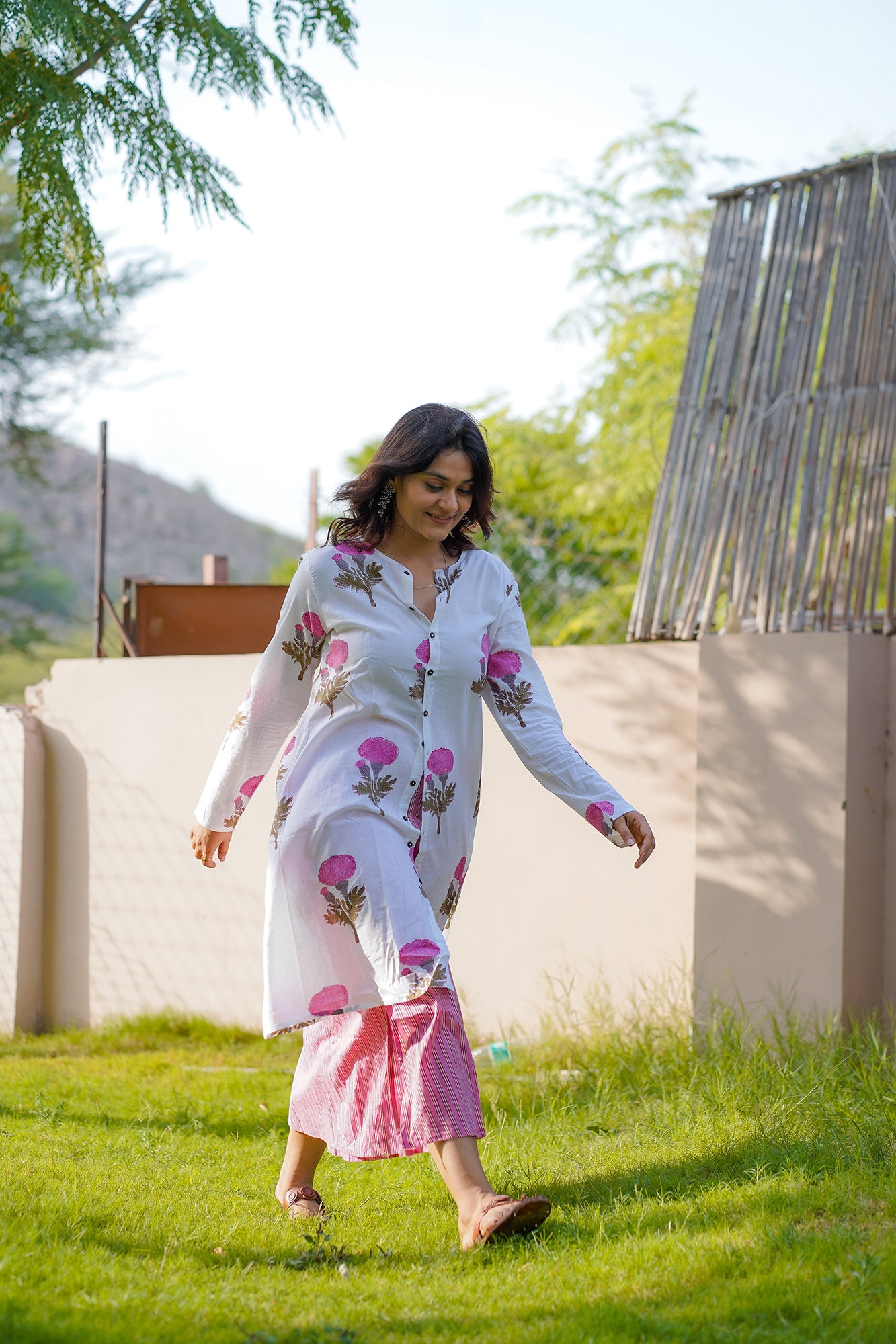 Floral Printed White Cotton Long Shirt