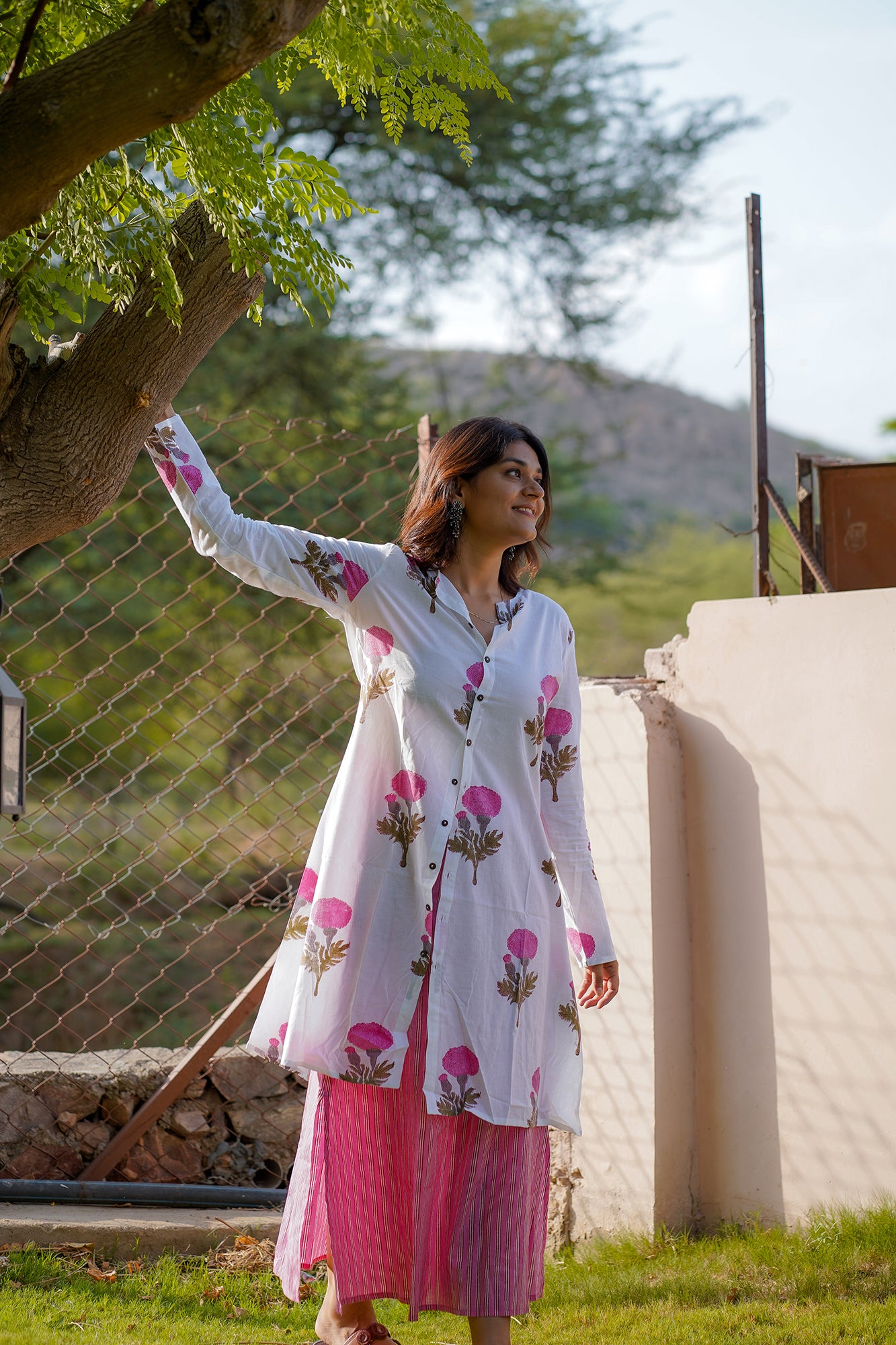 Floral Printed White Cotton Long Shirt