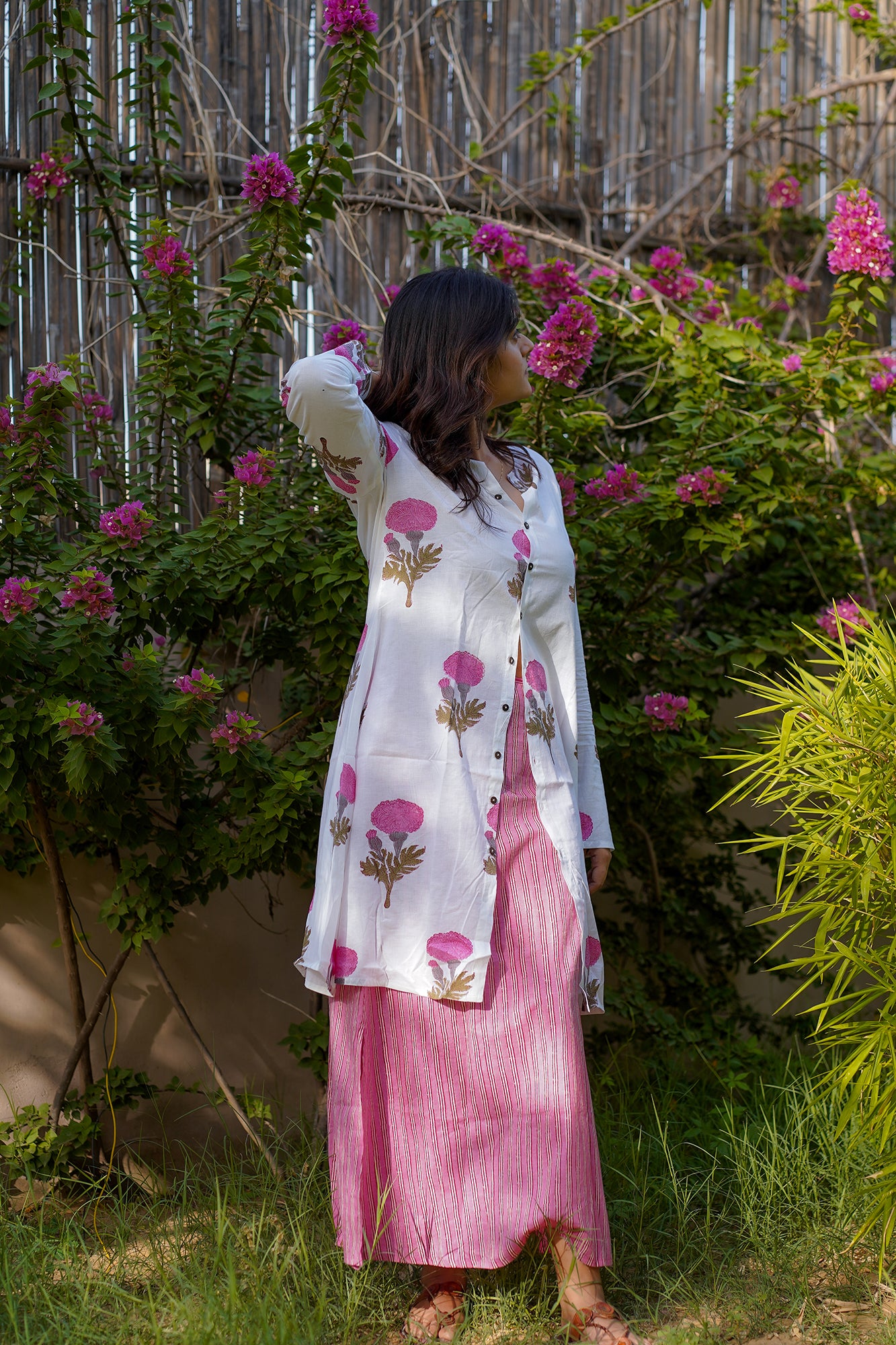 Floral Printed White Cotton Long Shirt