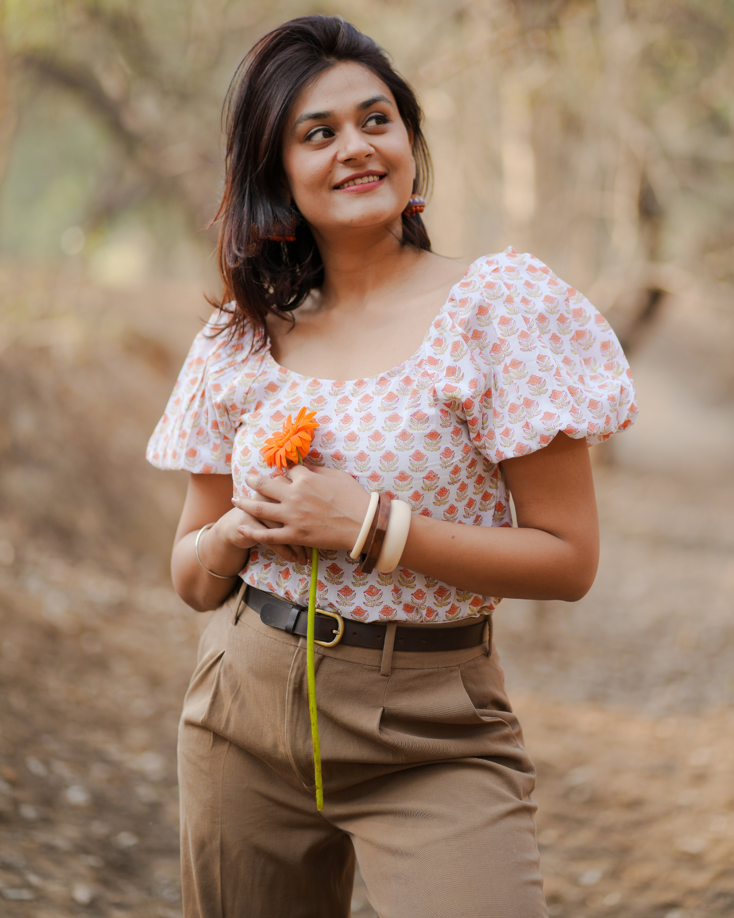 Plumeria Hand Block Printed Off Shoulder Puff Sleeves Top