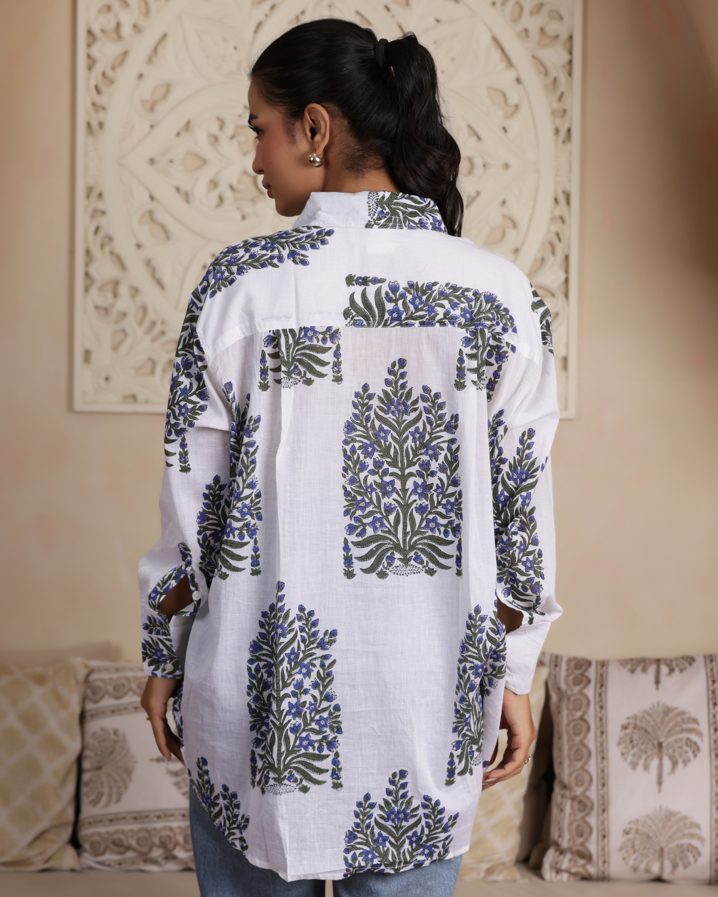 Morning Glory Hand Block Printed Oversize Shirt