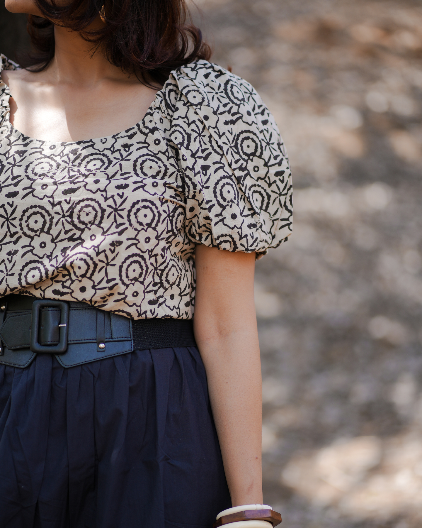 Joshua Hand Block Printed Off Shoulder Puff Sleeves Top