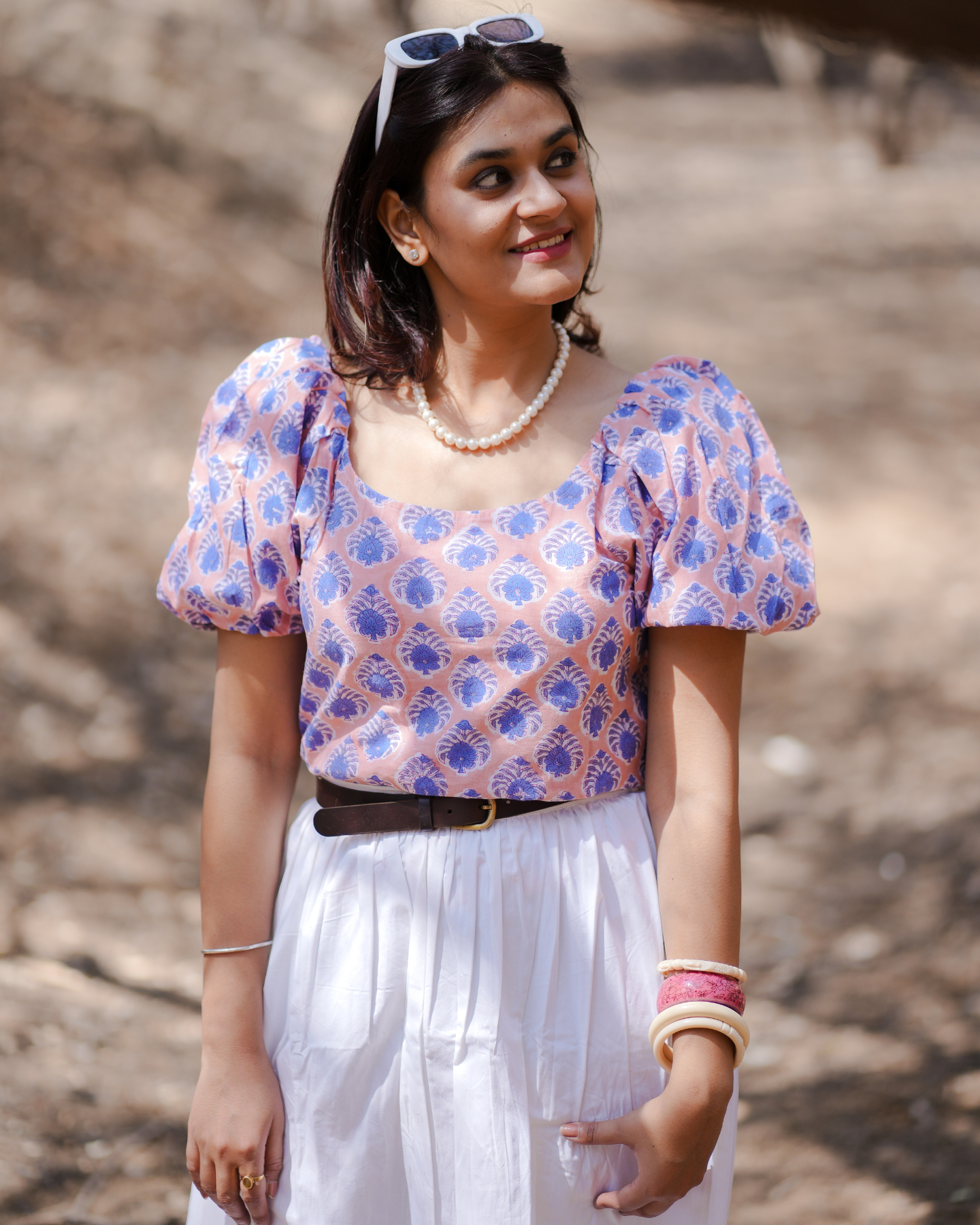 Peonies Gone Peach Hand Block Printed Off Shoulder Puff Sleeves Top