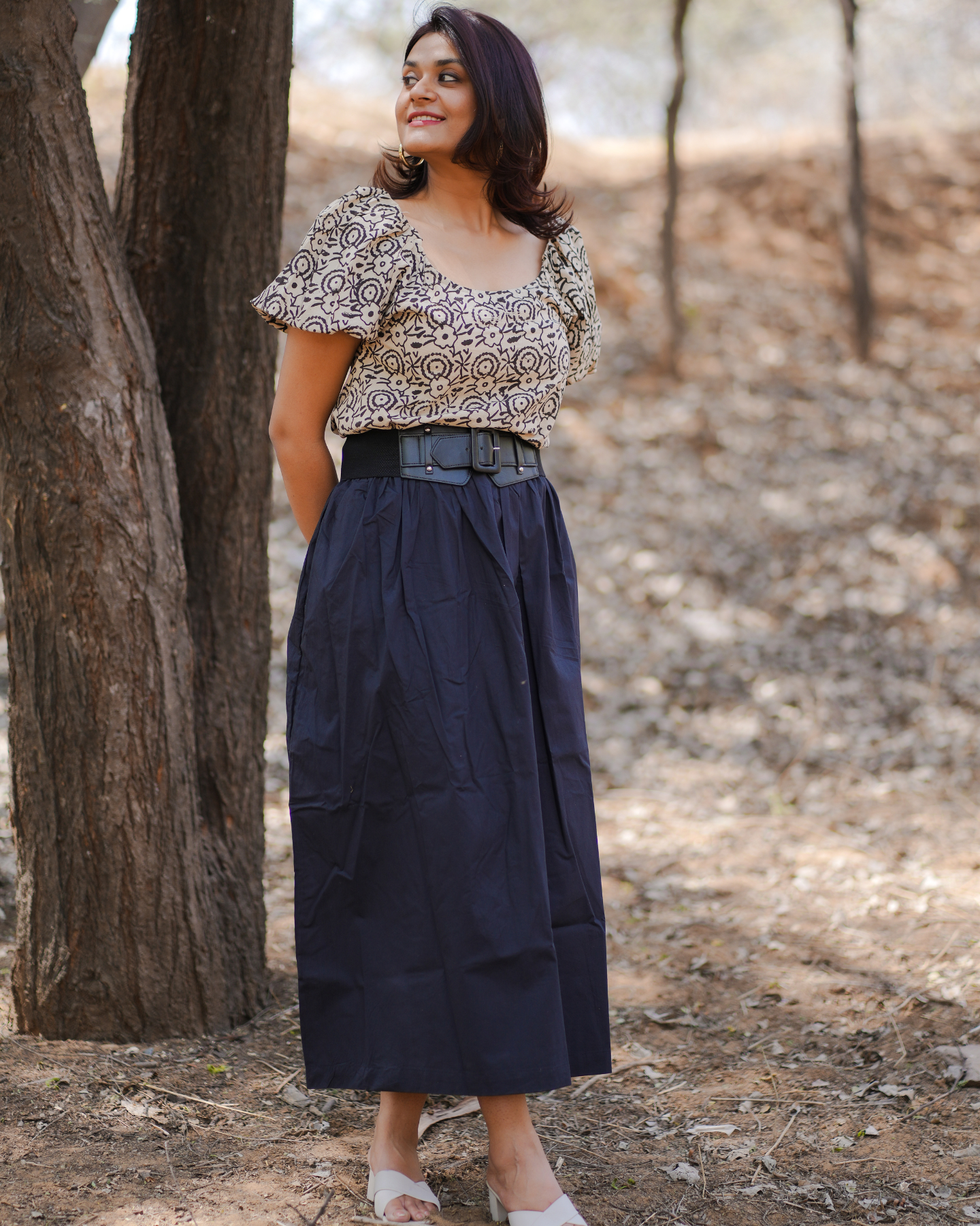 Joshua Hand Block Printed Off Shoulder Puff Sleeves Top