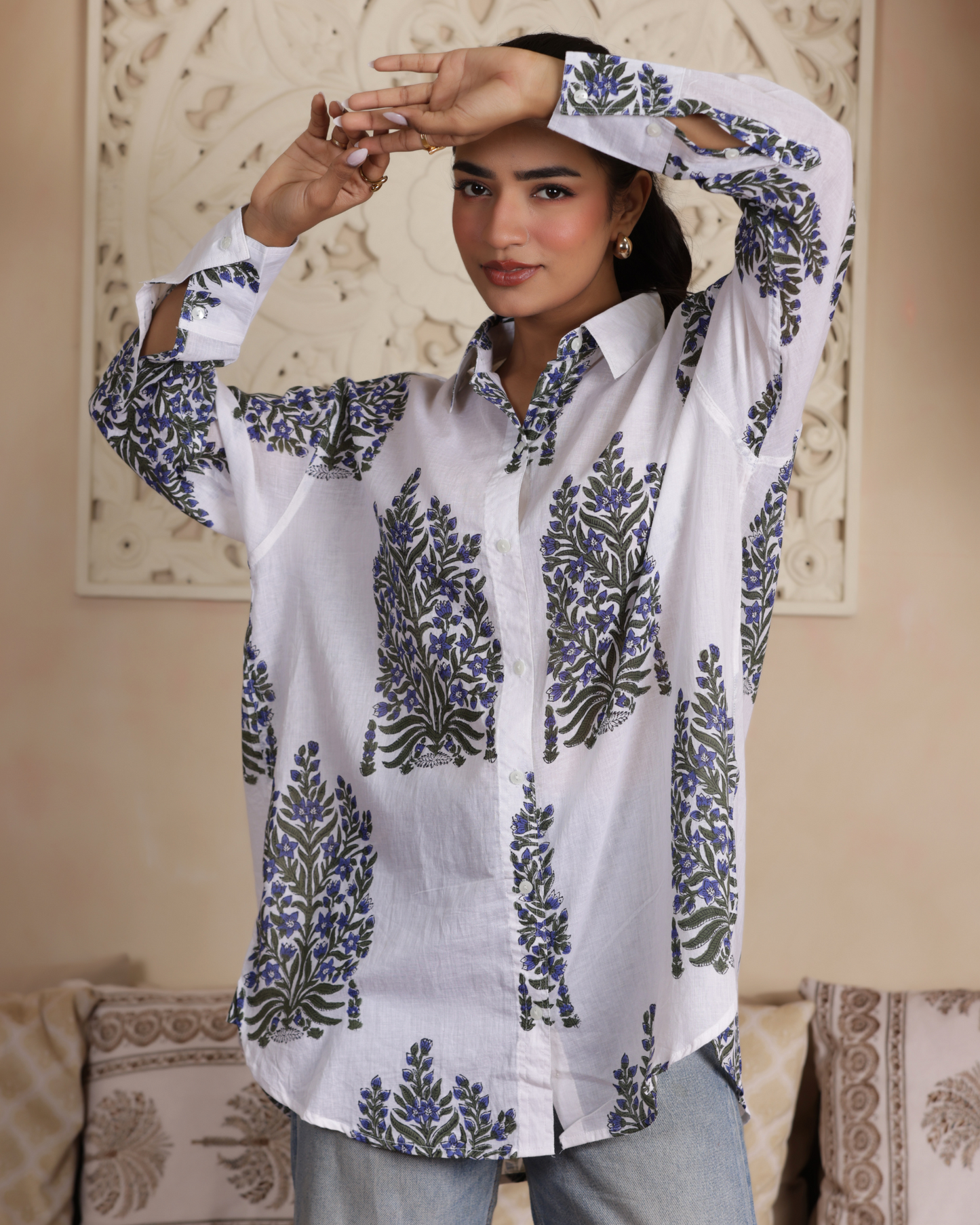 Morning Glory Hand Block Printed Oversize Shirt