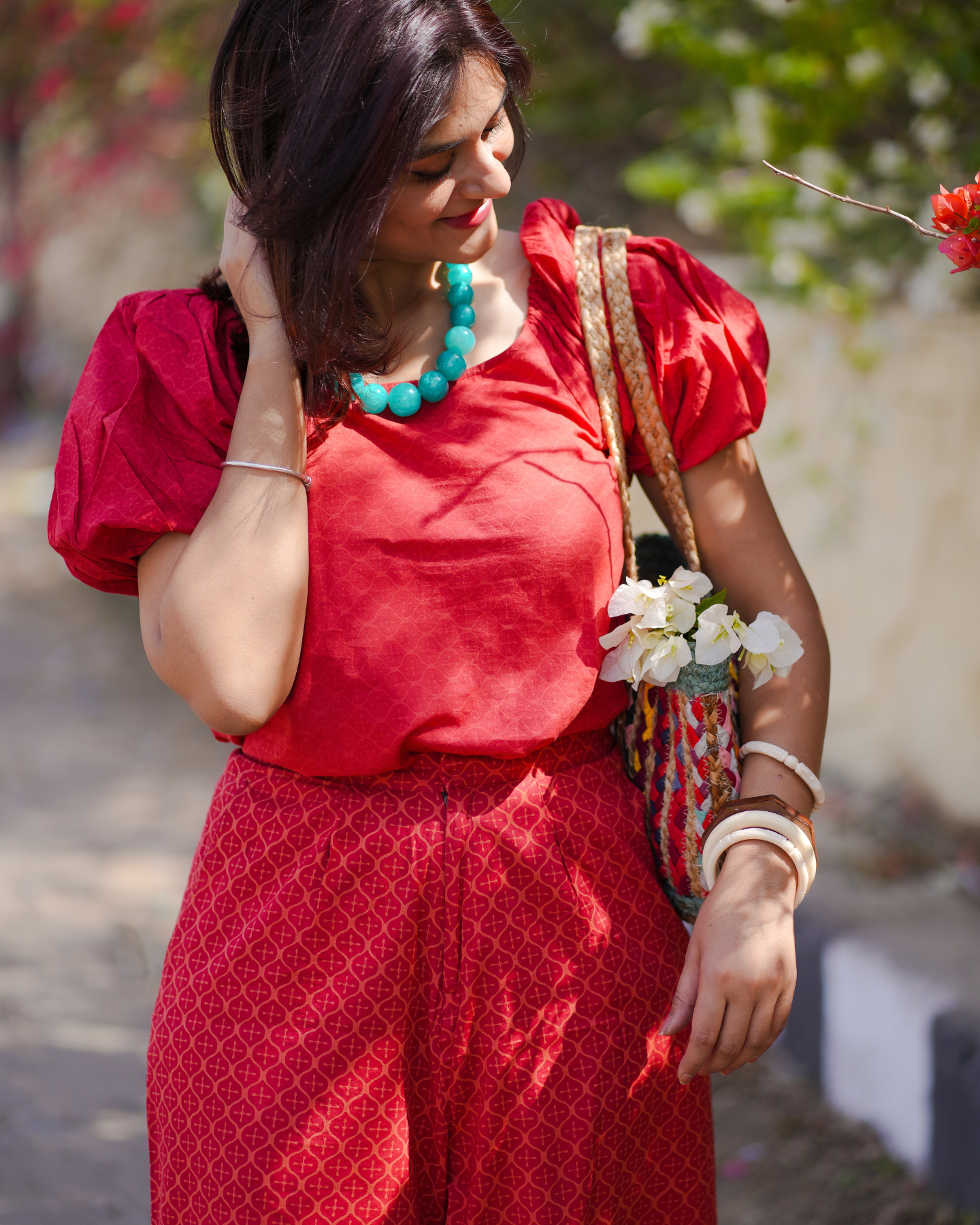 Poppy Hand Block Printed Off Shoulder Puff Sleeves Top