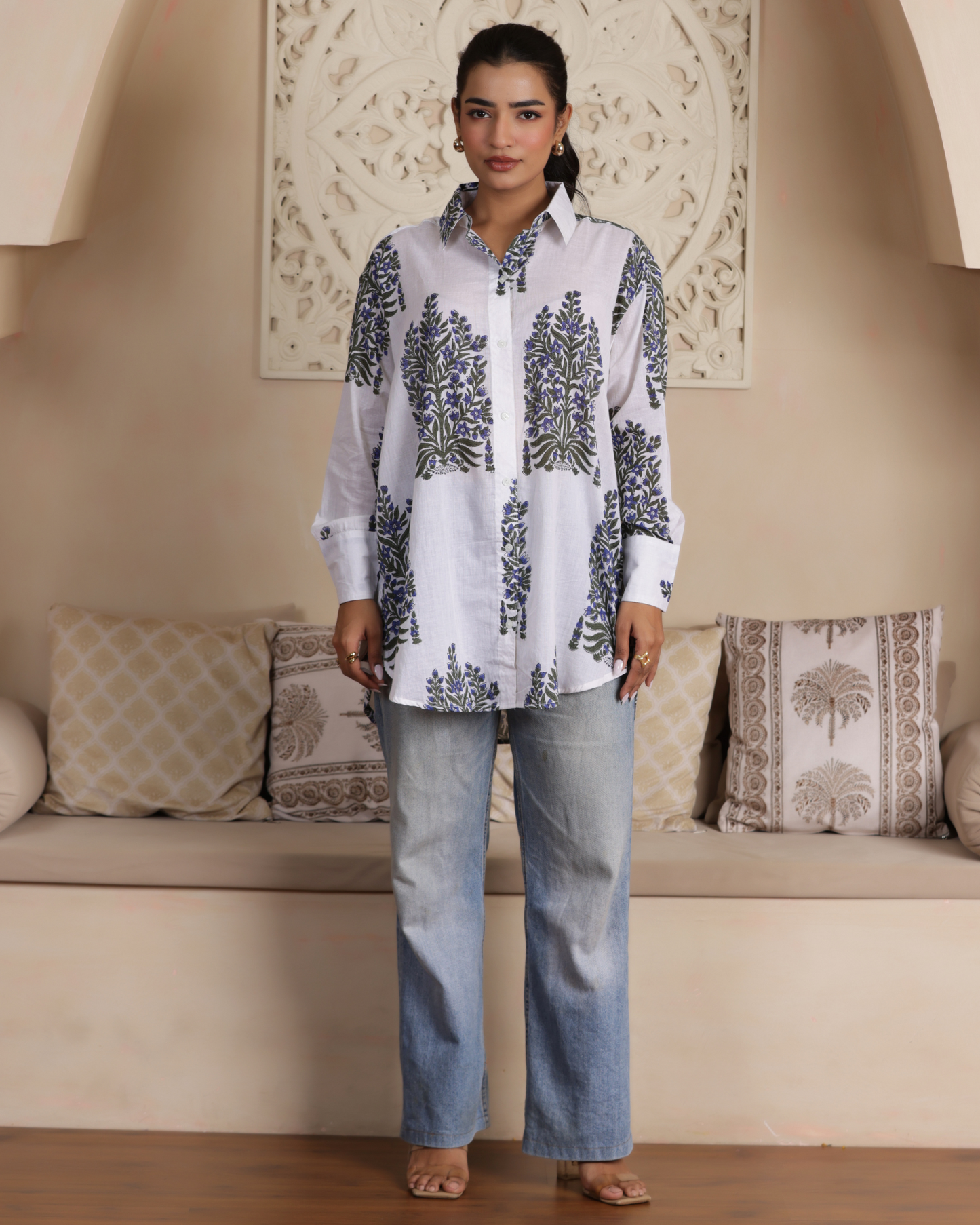 Morning Glory Hand Block Printed Oversize Shirt