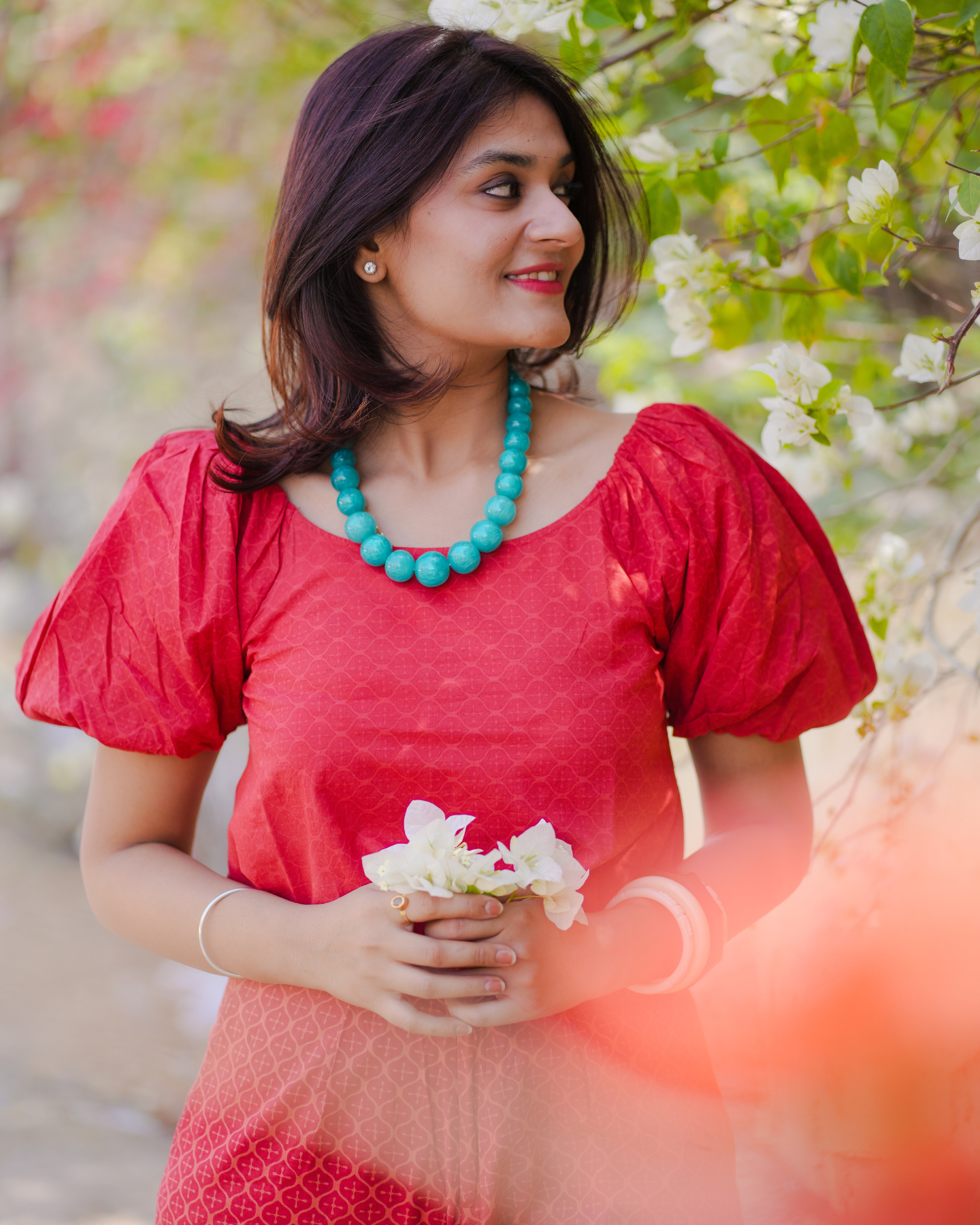 Poppy Hand Block Printed Off Shoulder Puff Sleeves Top