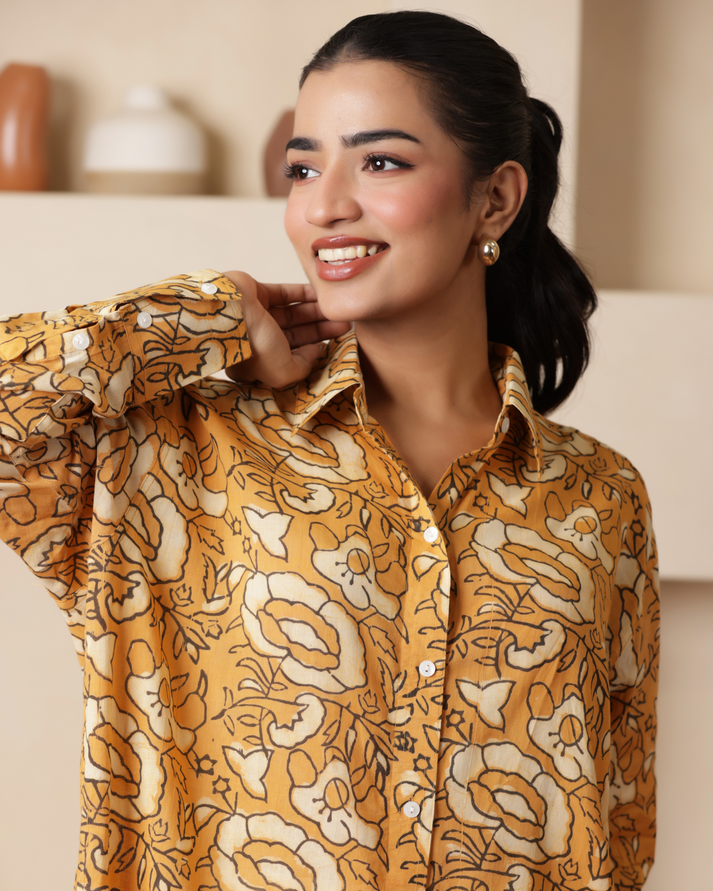 Women Hand Block Printed Full Sleeves Oversize Shirt