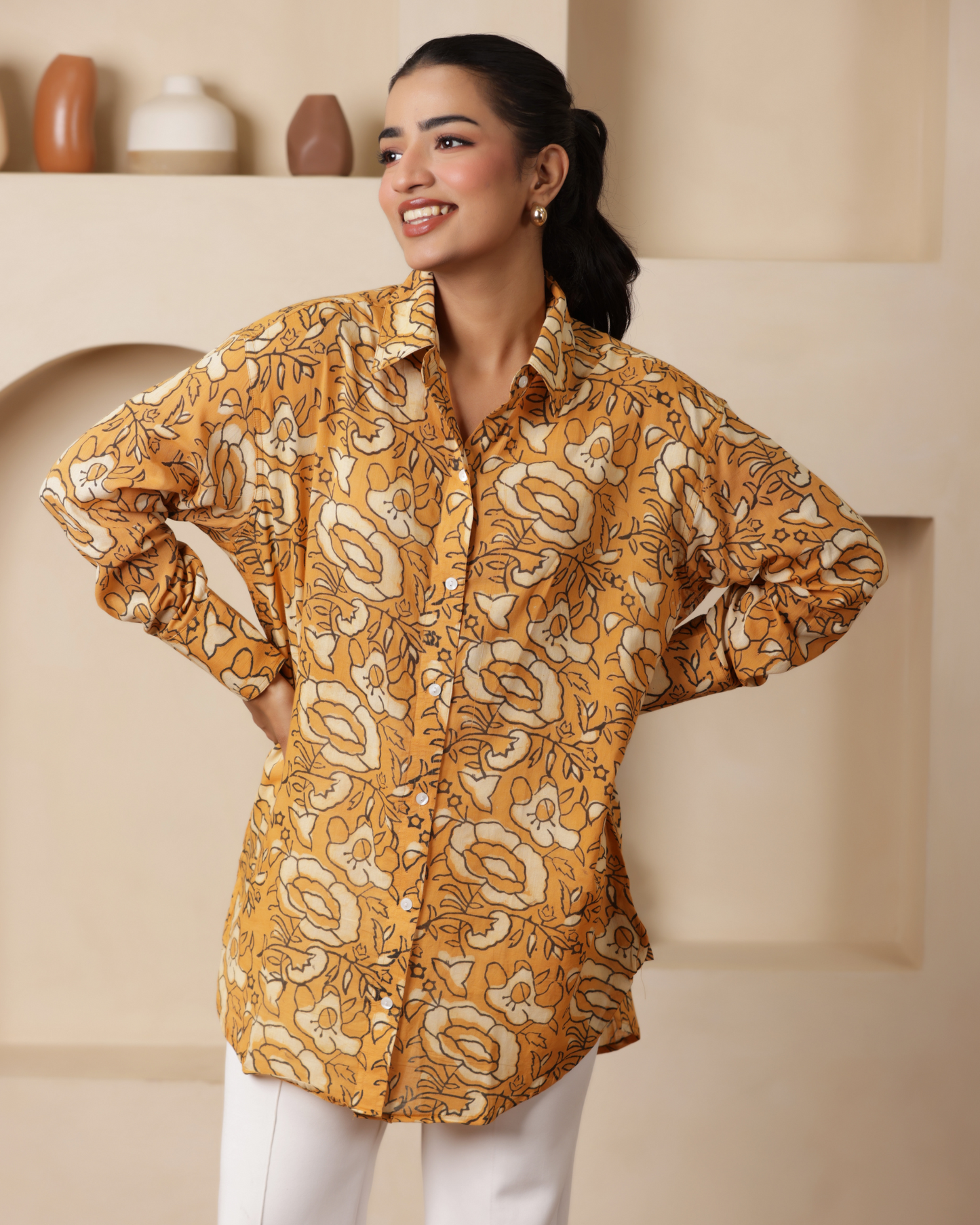 Women Hand Block Printed Full Sleeves Oversize Shirt