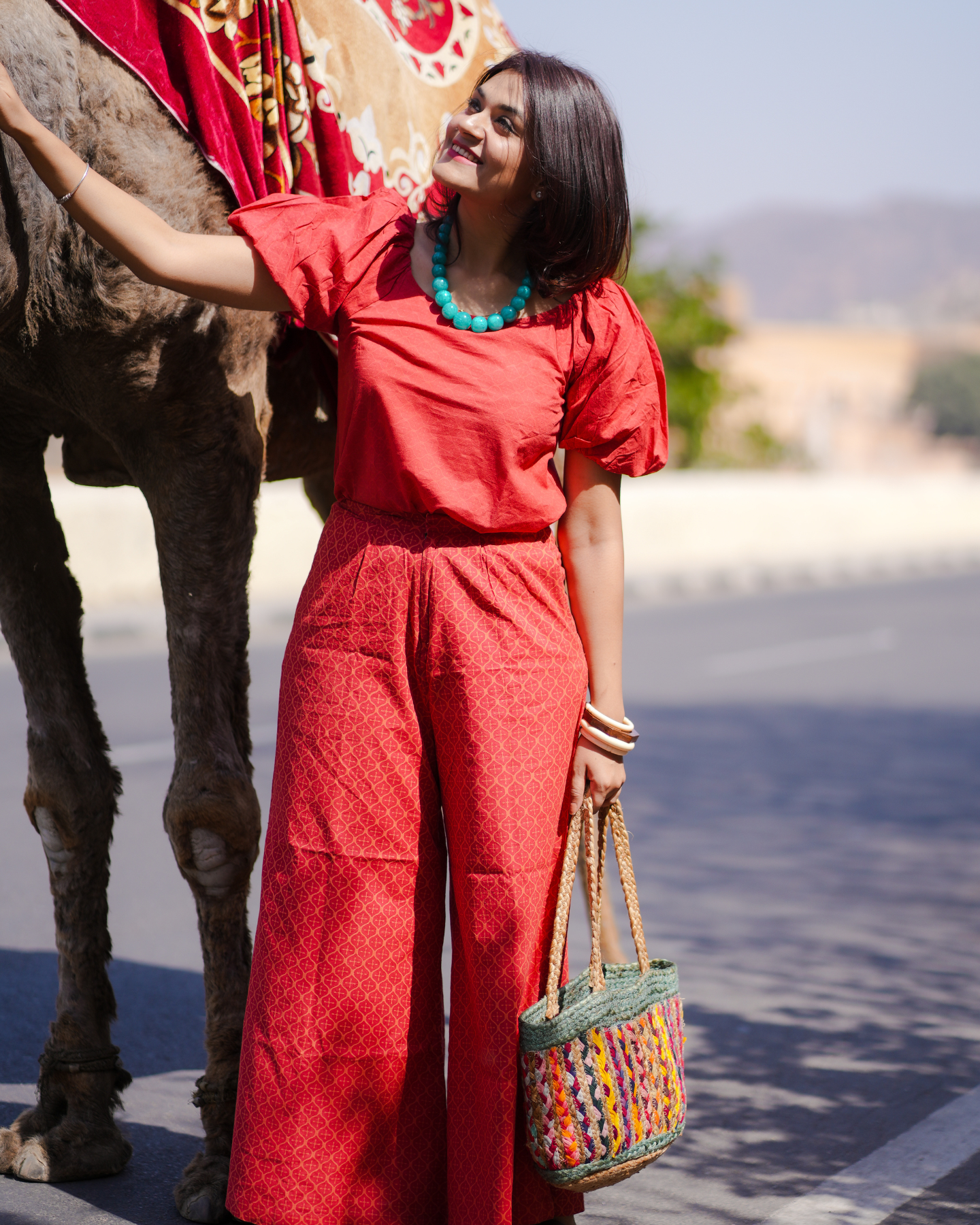 Poppy Hand Block Printed Off Shoulder Puff Sleeves Top