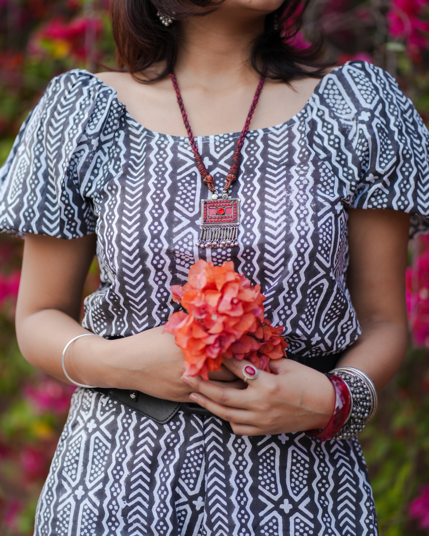 Black Forest Hand Block Printed Off Shoulder Puff Sleeves Top