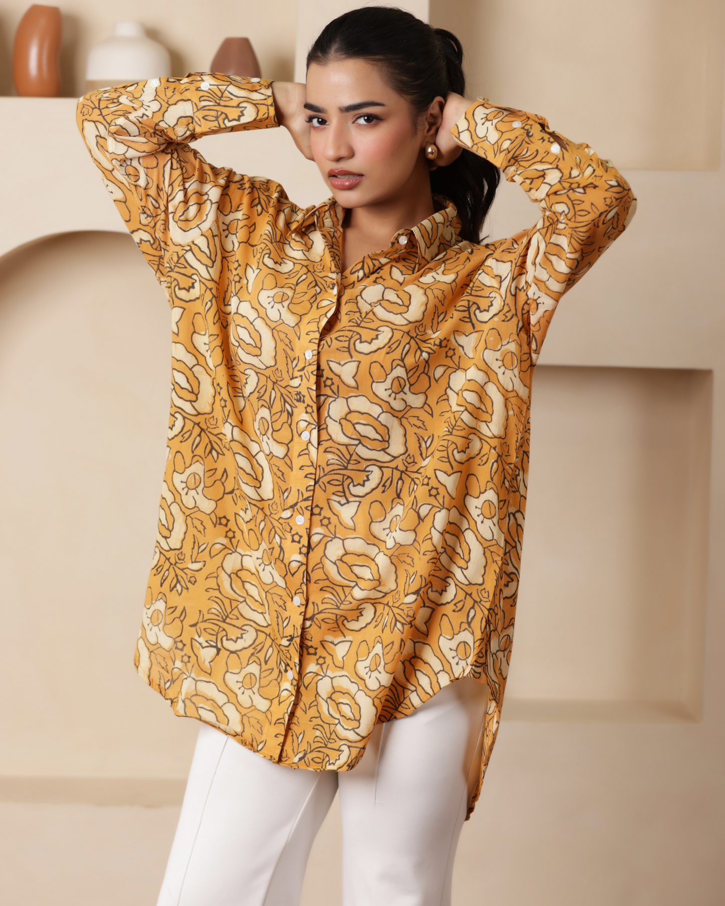 Women Hand Block Printed Full Sleeves Oversize Shirt