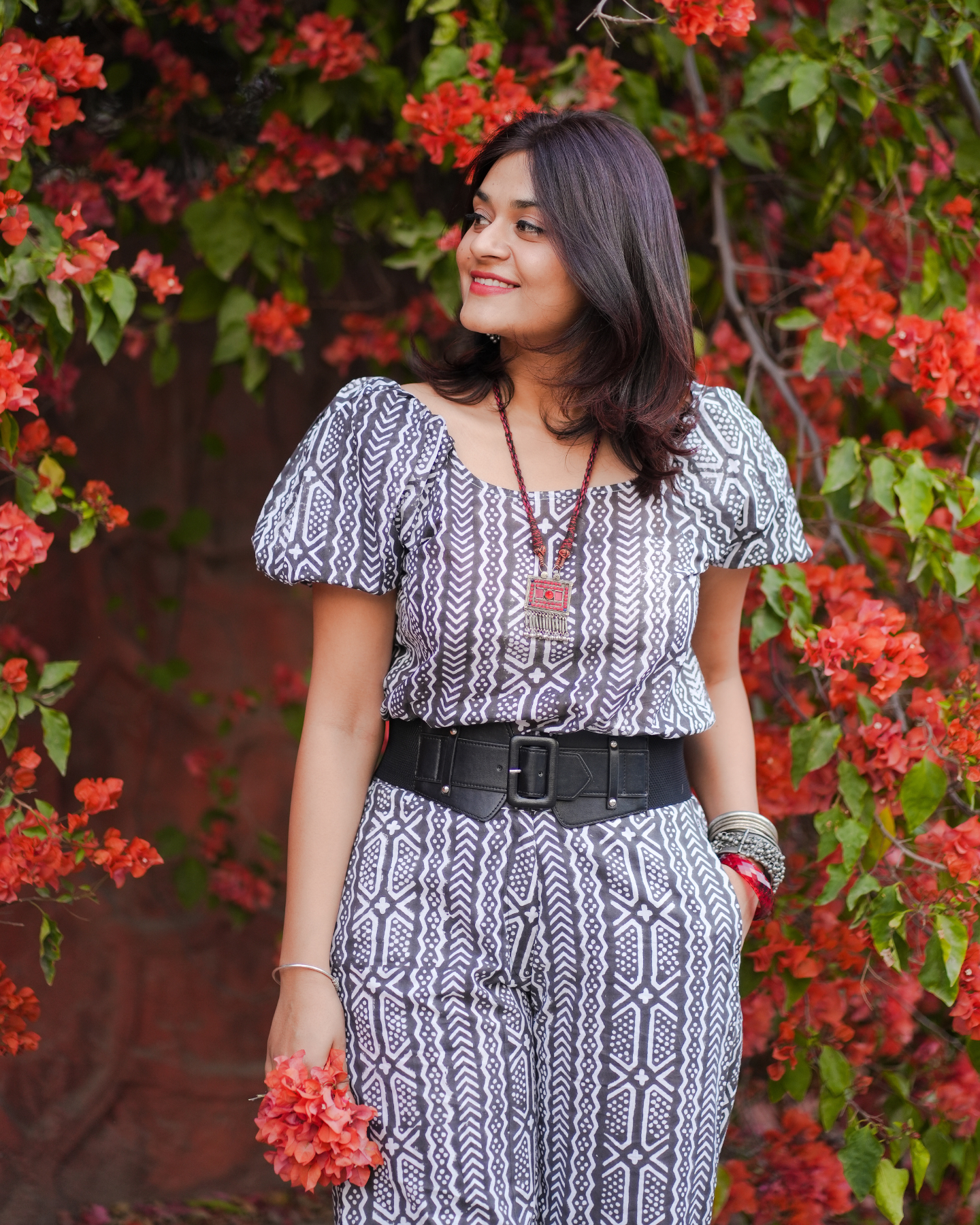 Black Forest Hand Block Printed Off Shoulder Puff Sleeves Top