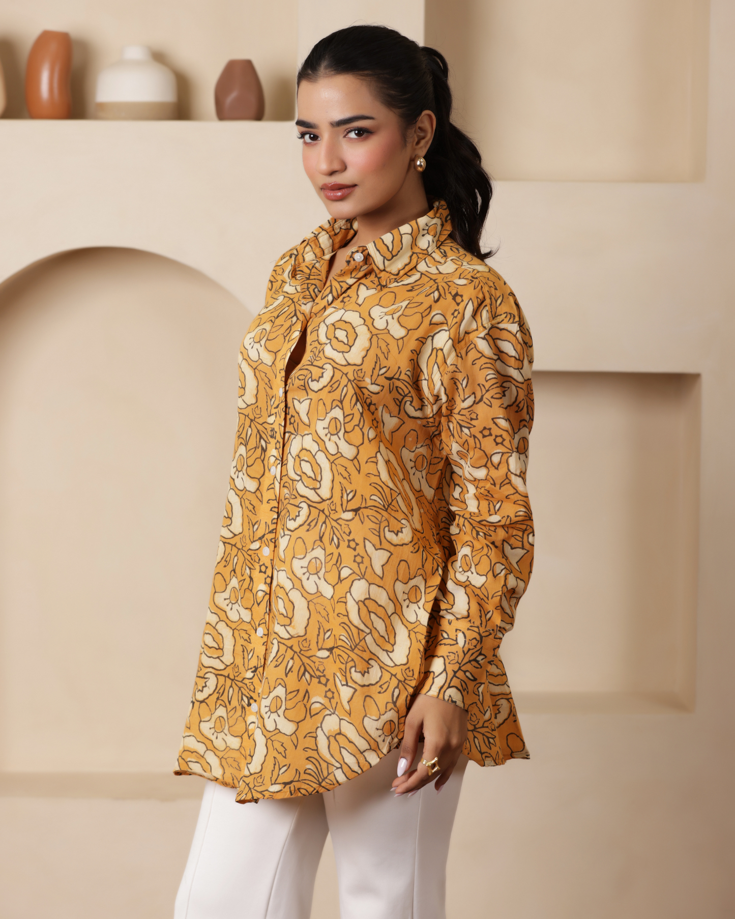 Women Hand Block Printed Full Sleeves Oversize Shirt