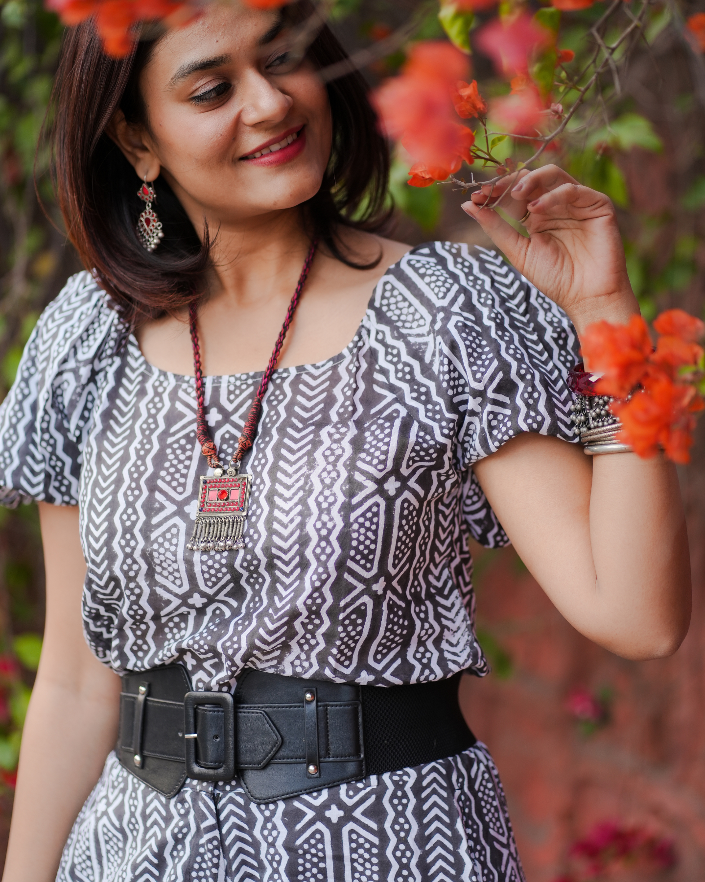 Black Forest Hand Block Printed Off Shoulder Puff Sleeves Top