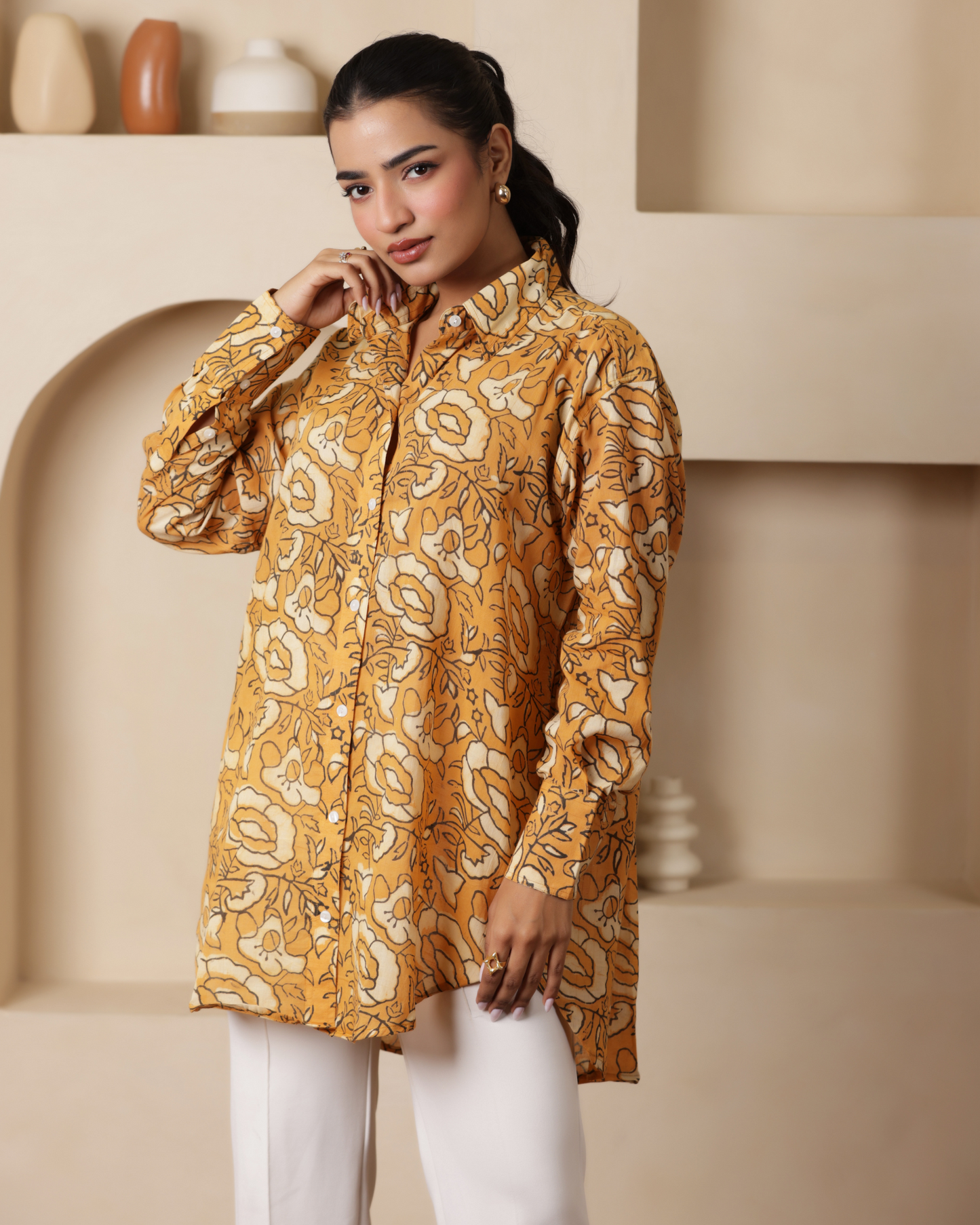 Women Hand Block Printed Full Sleeves Oversize Shirt