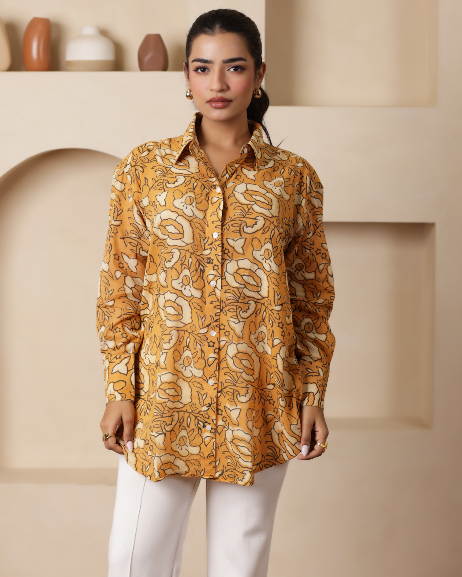 Women Hand Block Printed Full Sleeves Oversize Shirt