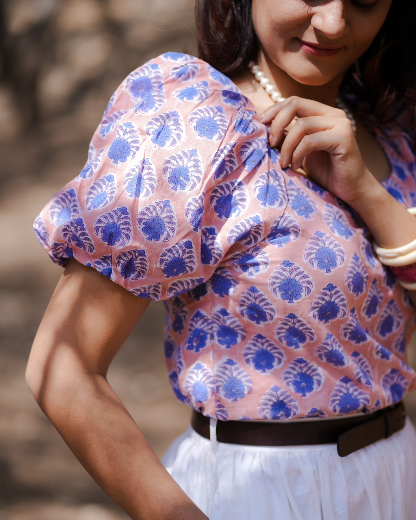 Peonies Gone Peach Hand Block Printed Off Shoulder Puff Sleeves Top