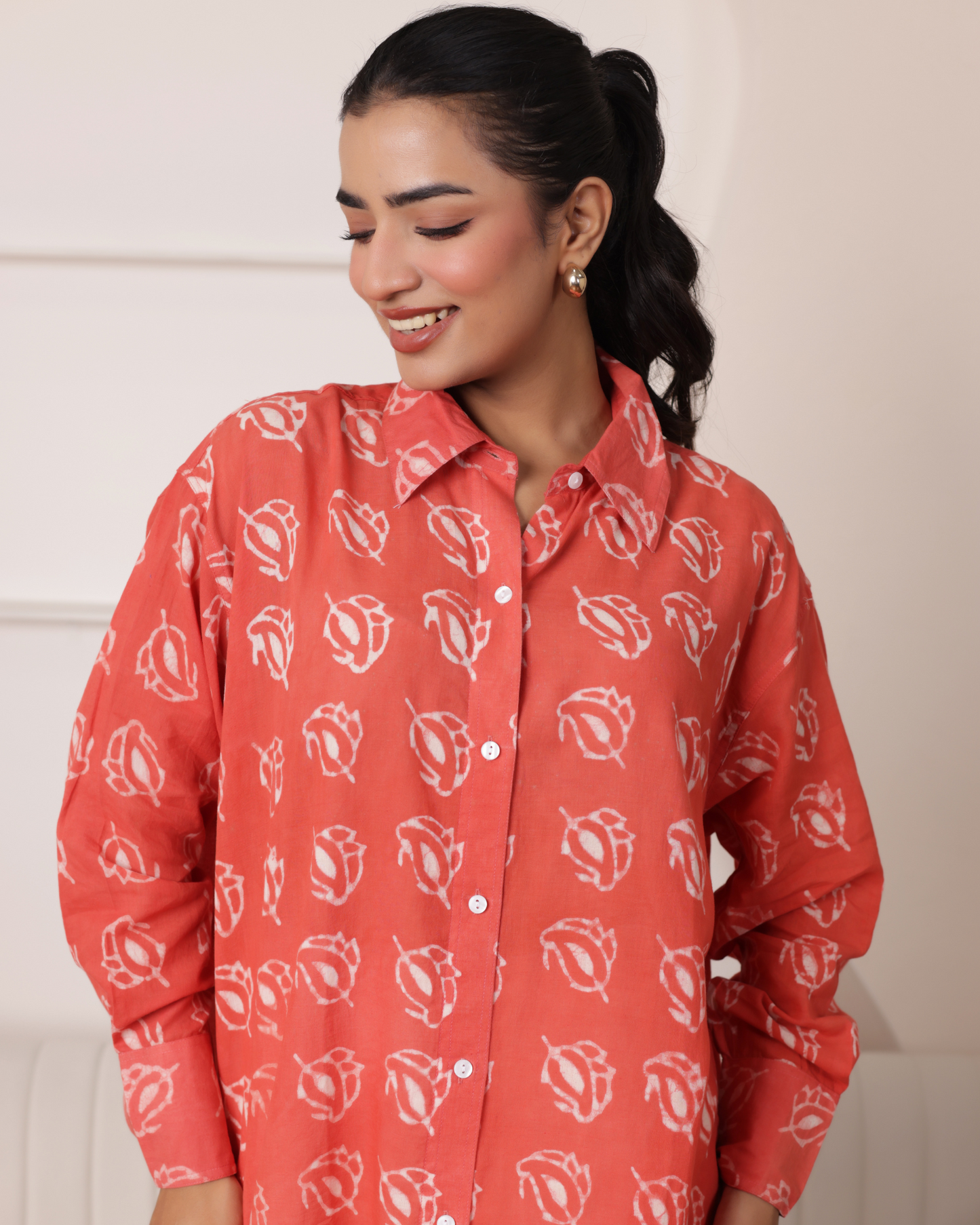 Women Hand Block Printed Full Sleeves Oversize Shirt