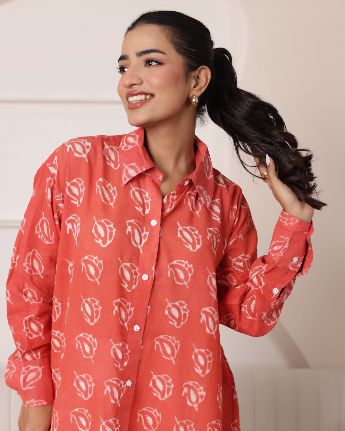 Women Hand Block Printed Full Sleeves Oversize Shirt