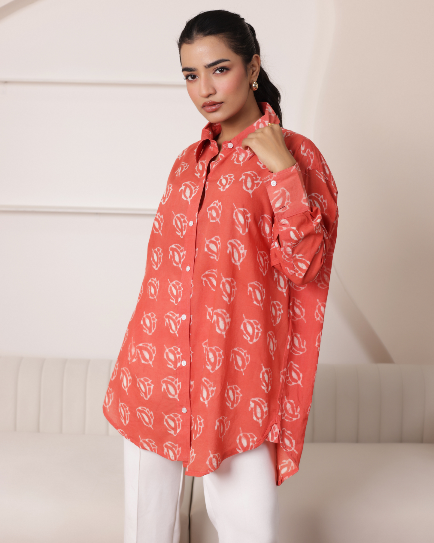 Women Hand Block Printed Full Sleeves Oversize Shirt