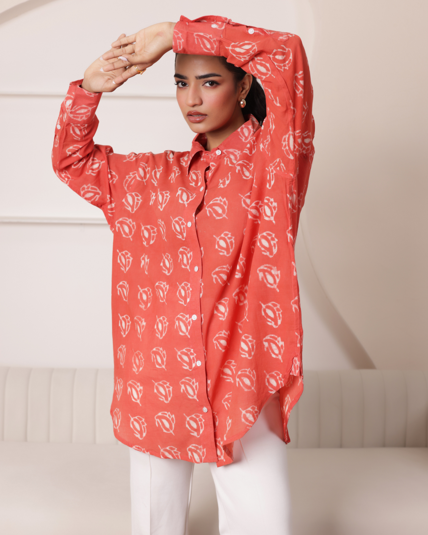 Women Hand Block Printed Full Sleeves Oversize Shirt