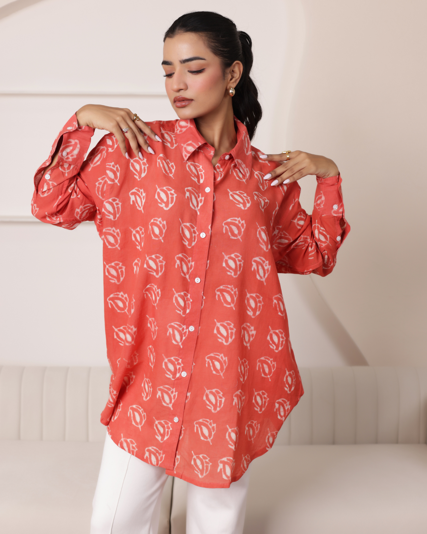 Women Hand Block Printed Full Sleeves Oversize Shirt