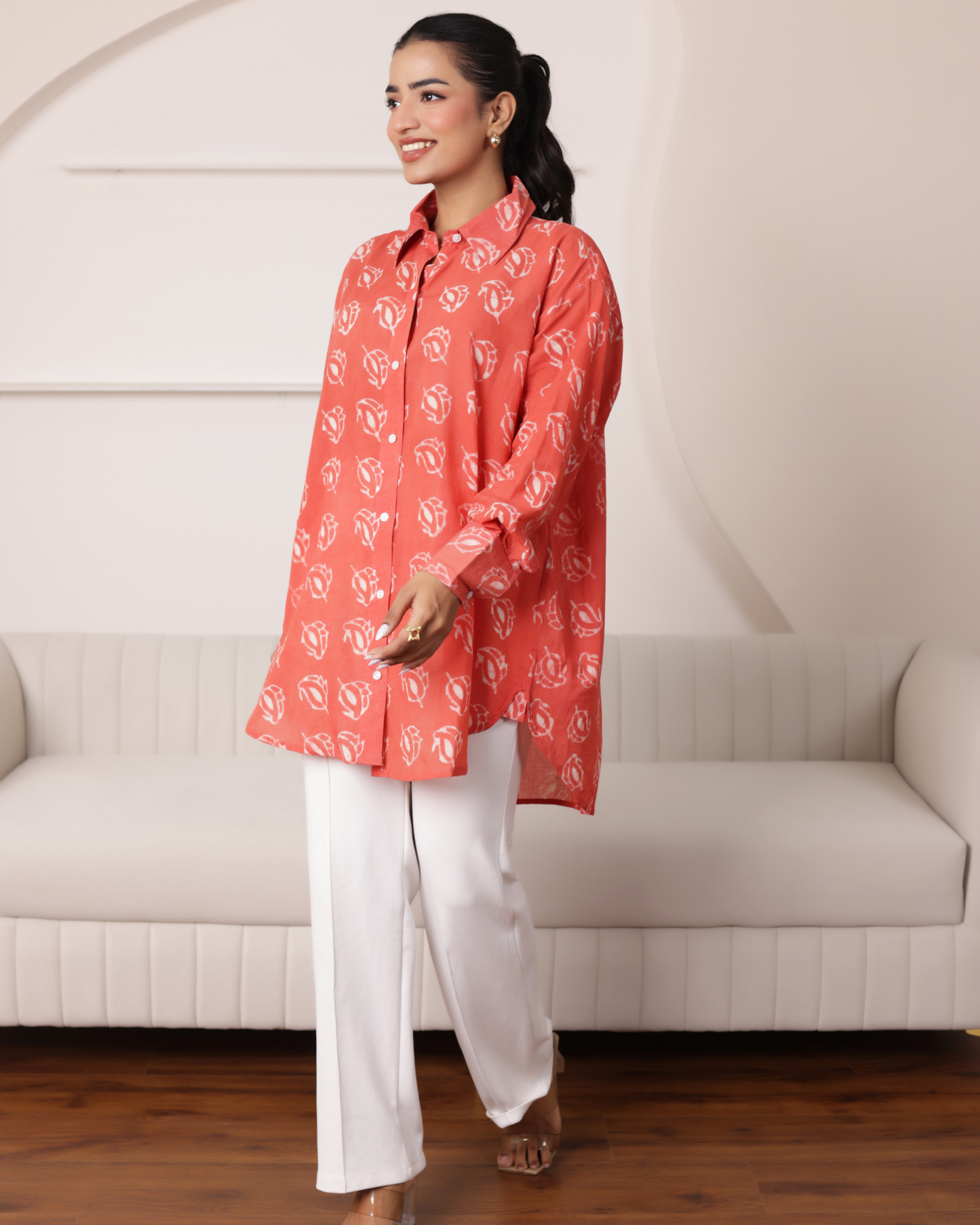 Women Hand Block Printed Full Sleeves Oversize Shirt