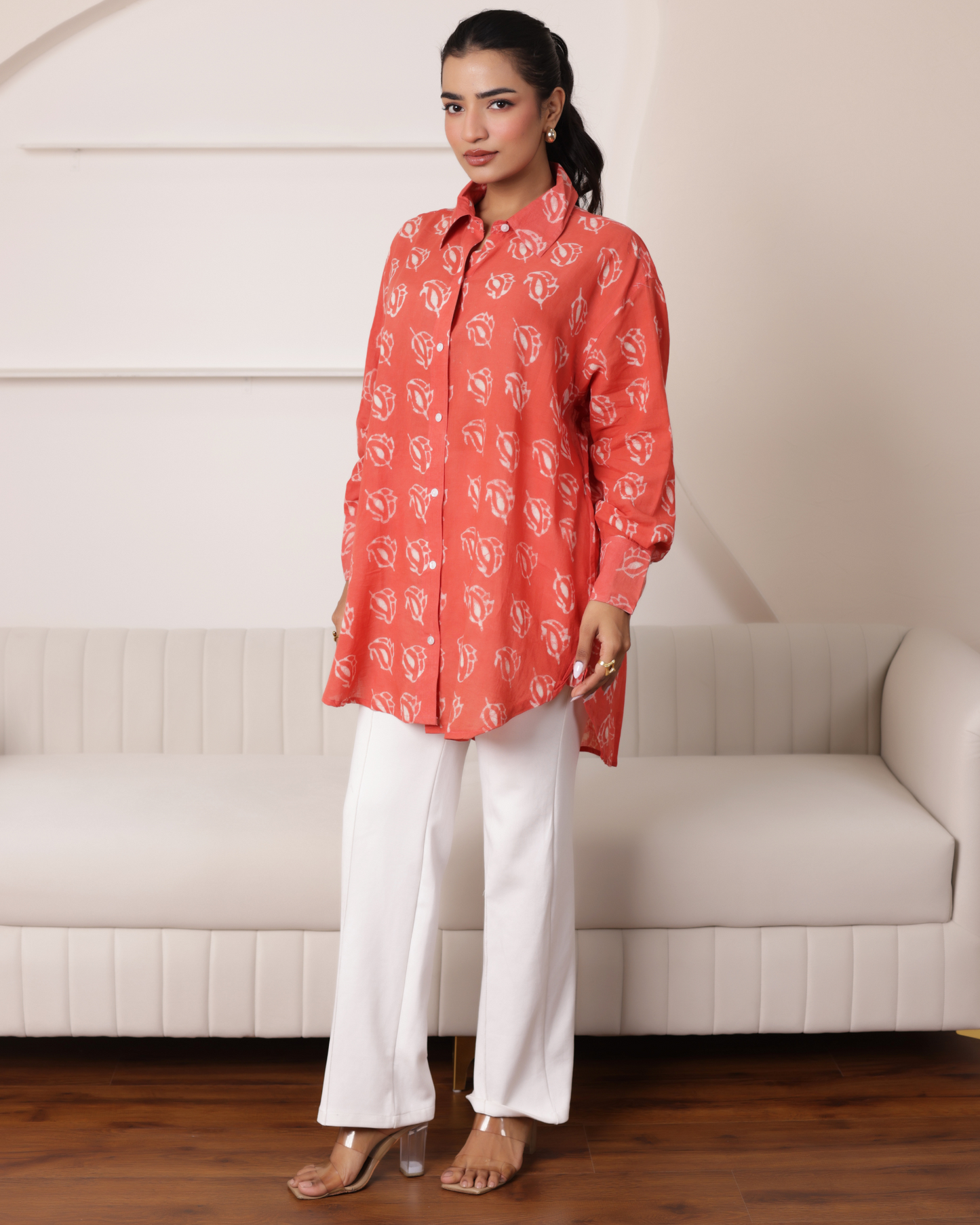 Women Hand Block Printed Full Sleeves Oversize Shirt