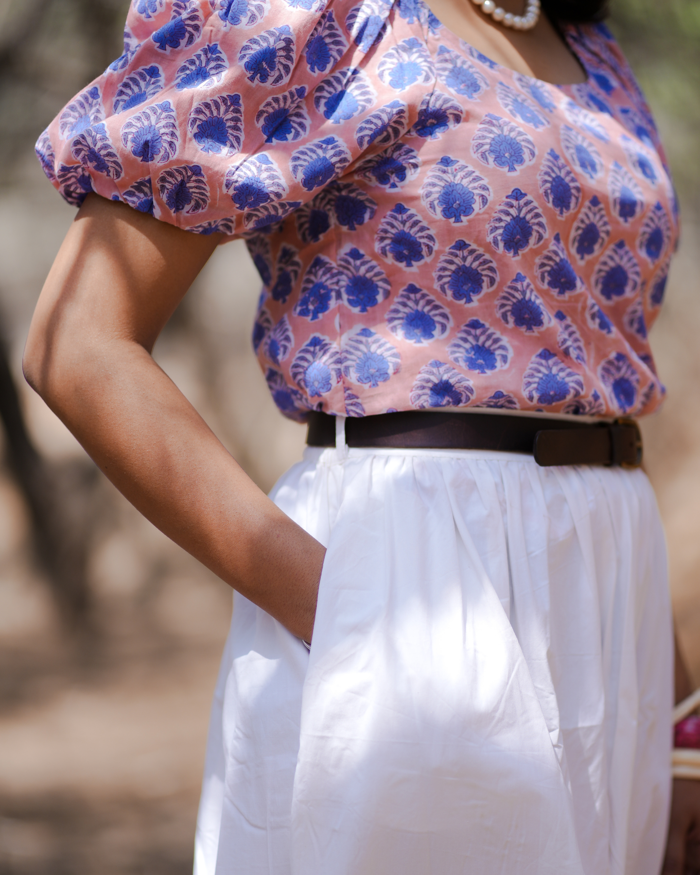 Peonies Gone Peach Hand Block Printed Off Shoulder Puff Sleeves Top