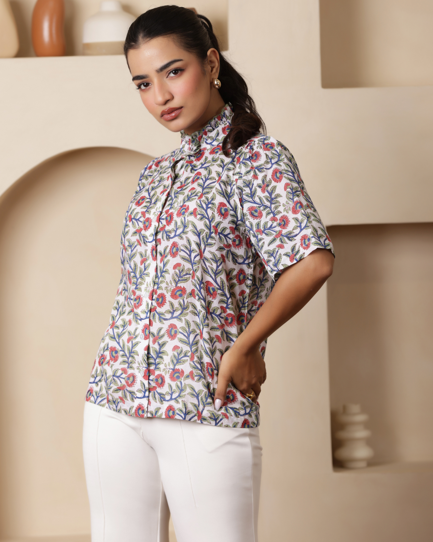 Women Hand Block Printed Half Sleeve Ruffled Collar Top