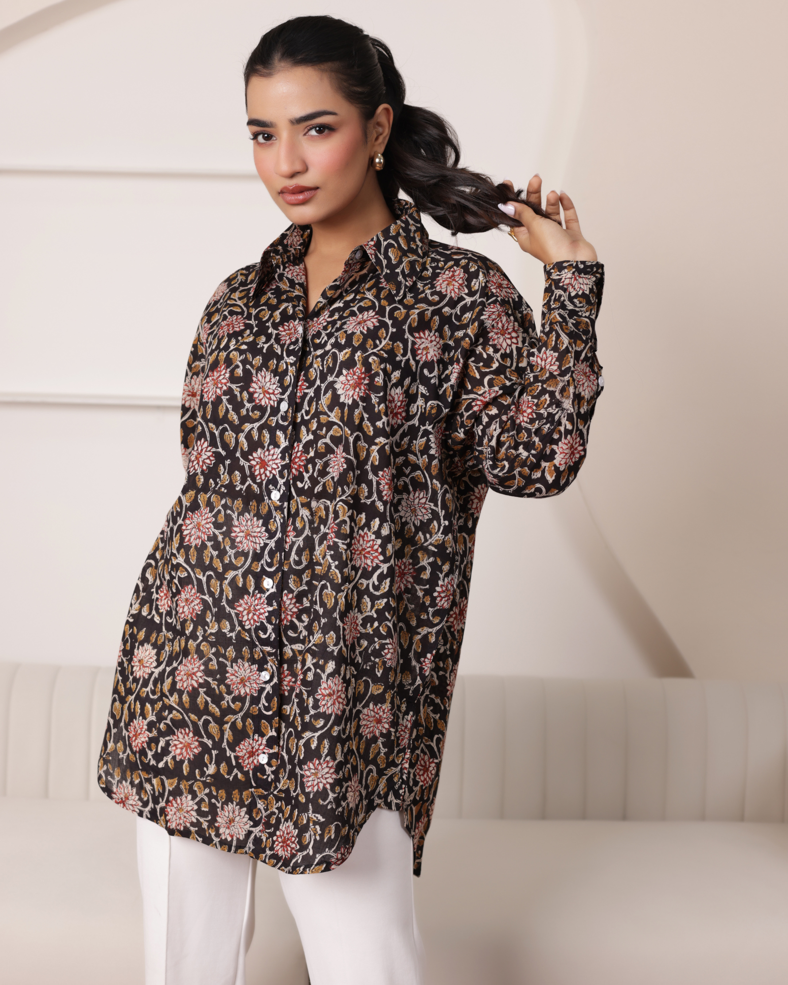 Women Hand Block Printed Full Sleeves Oversize Shirt