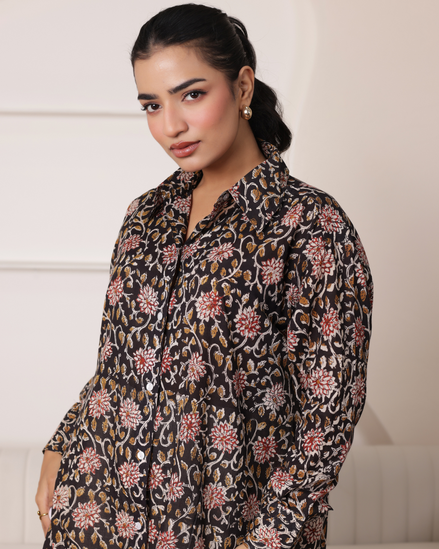 Women Hand Block Printed Full Sleeves Oversize Shirt