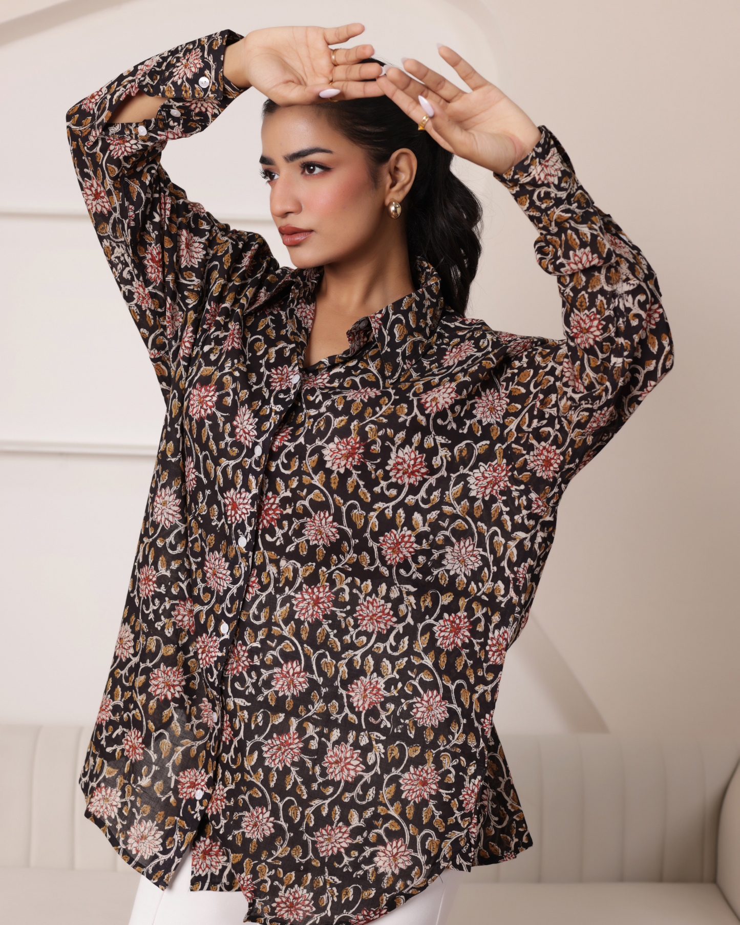 Women Hand Block Printed Full Sleeves Oversize Shirt