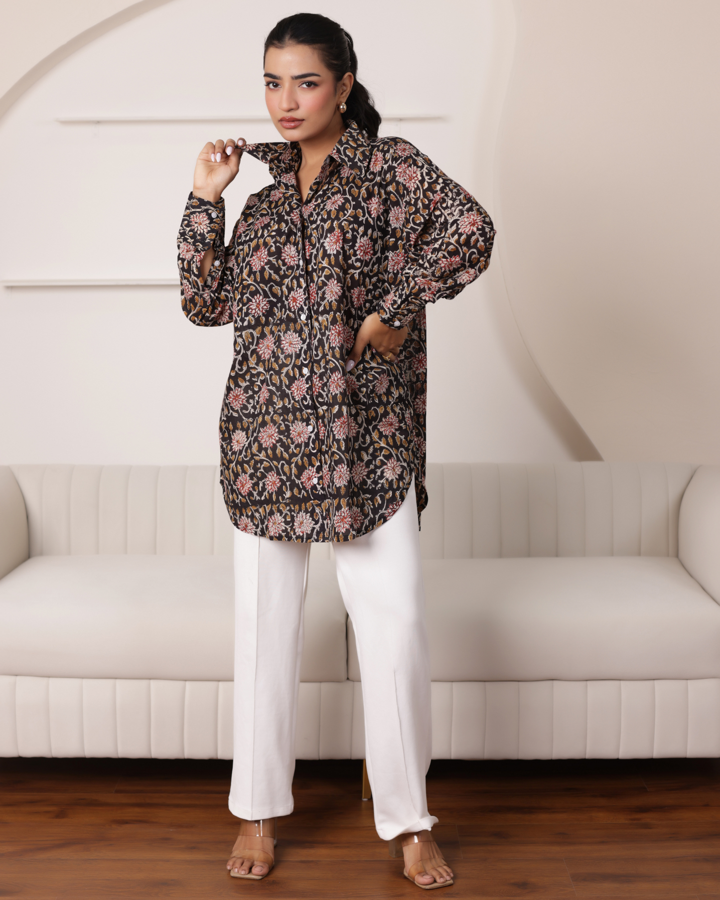 Women Hand Block Printed Full Sleeves Oversize Shirt