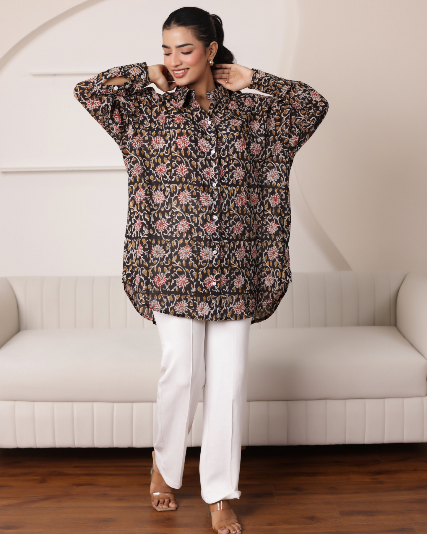 Women Hand Block Printed Full Sleeves Oversize Shirt