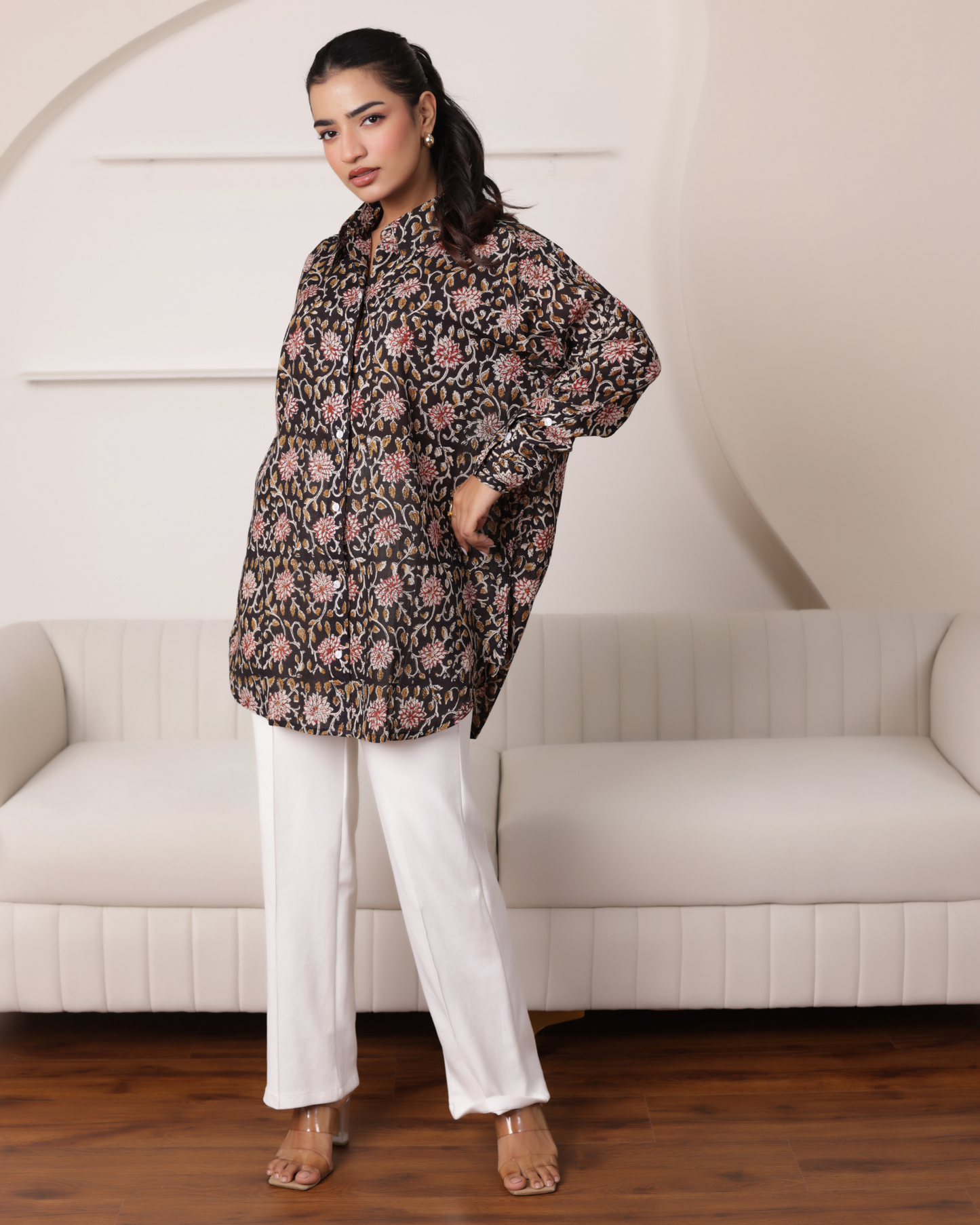 Women Hand Block Printed Full Sleeves Oversize Shirt