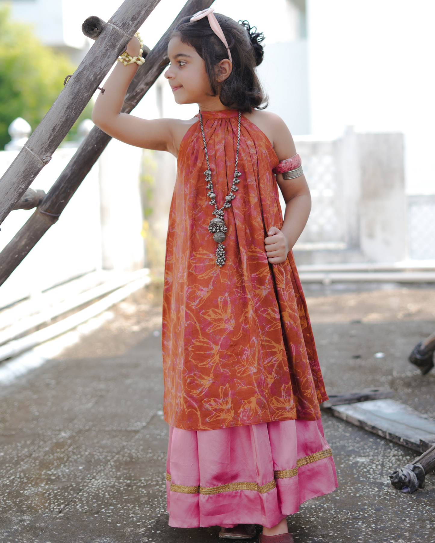 HAND BLOCK PRINTED MUSLIN DOBBY HALTER NECK KURTI & MODAL SILK LEHENGA SET