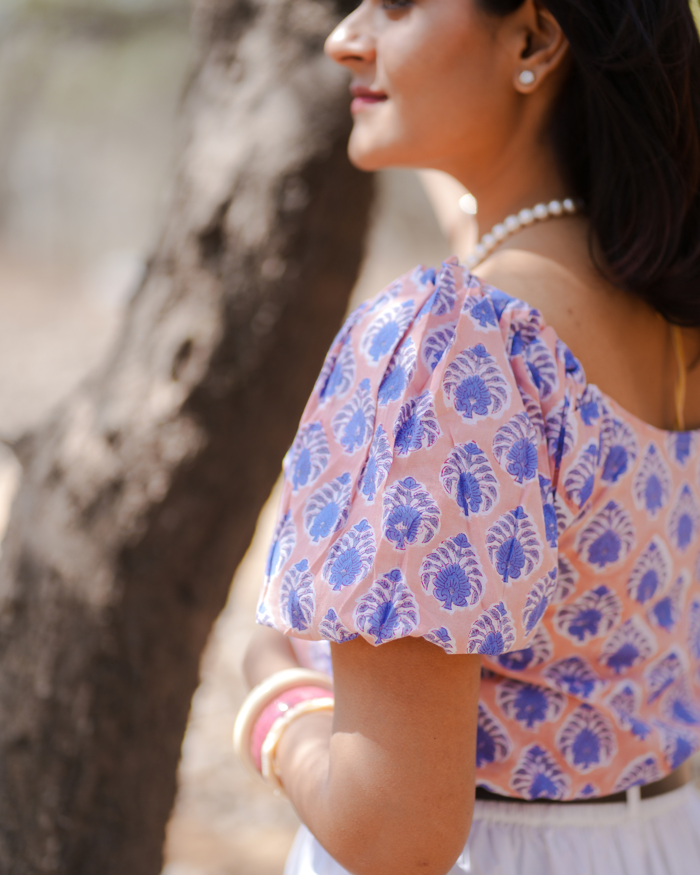 Peonies Gone Peach Hand Block Printed Off Shoulder Puff Sleeves Top