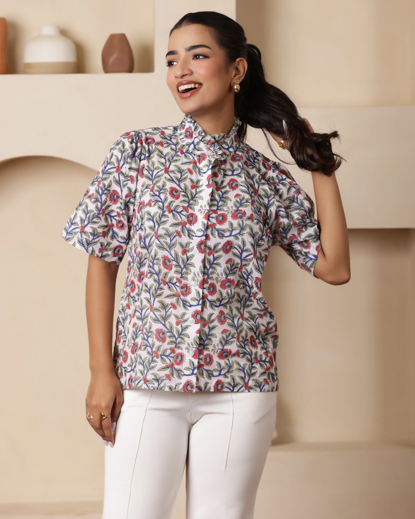 Women Hand Block Printed Half Sleeve Ruffled Collar Top