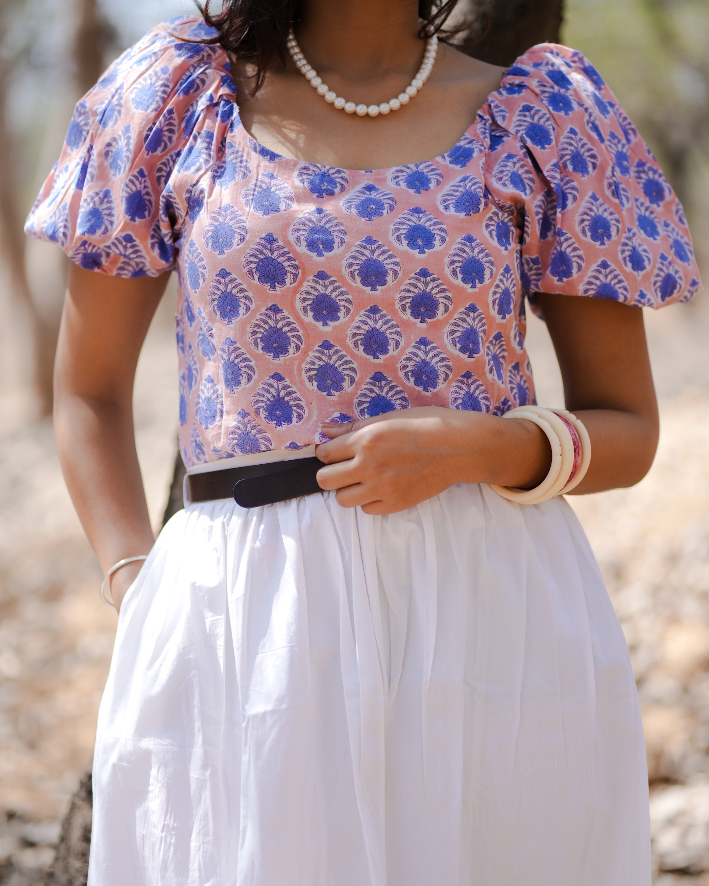 Peonies Gone Peach Hand Block Printed Off Shoulder Puff Sleeves Top