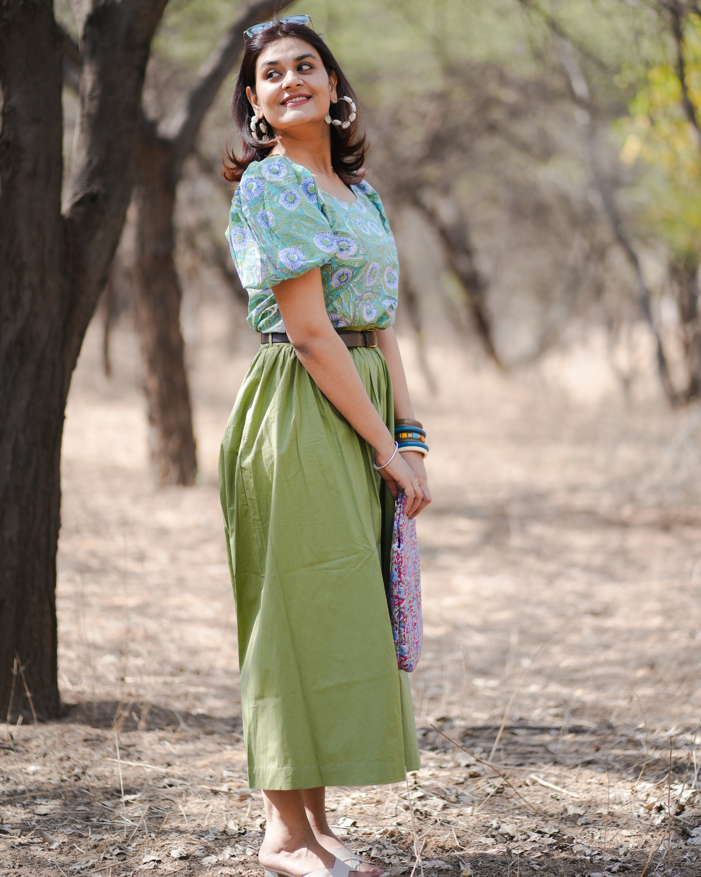 Marsilea Hand Block Printed Off Shoulder Puff Sleeves Top