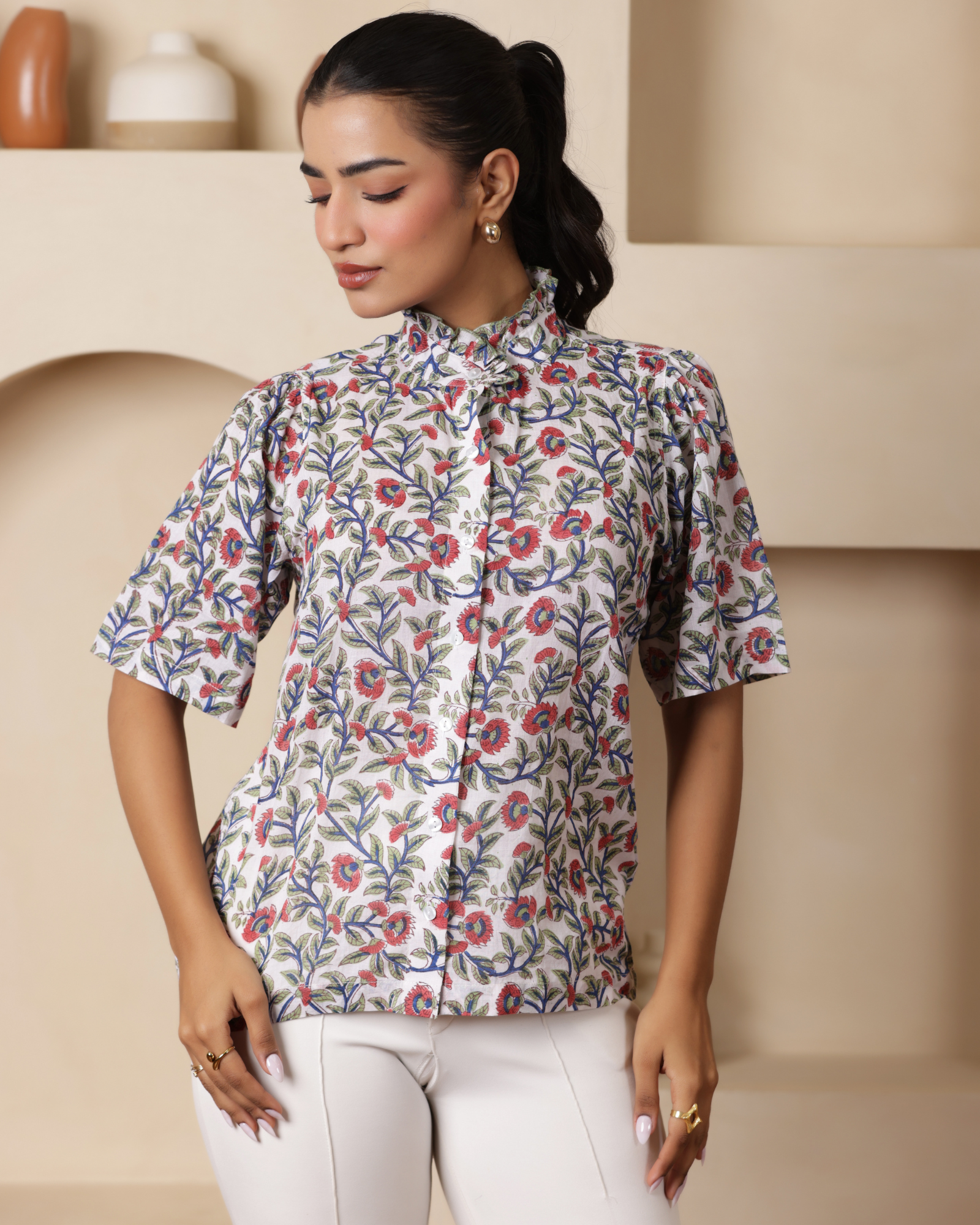 Women Hand Block Printed Half Sleeve Ruffled Collar Top